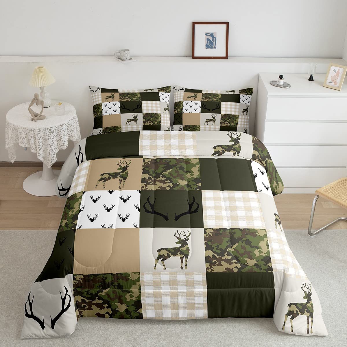 Homewish Camouflage Comforter Set Queen Size Woodland Camo Quilt Set Green And Beige Plaid Print Bedding Set 3Pcs For Kids Boys