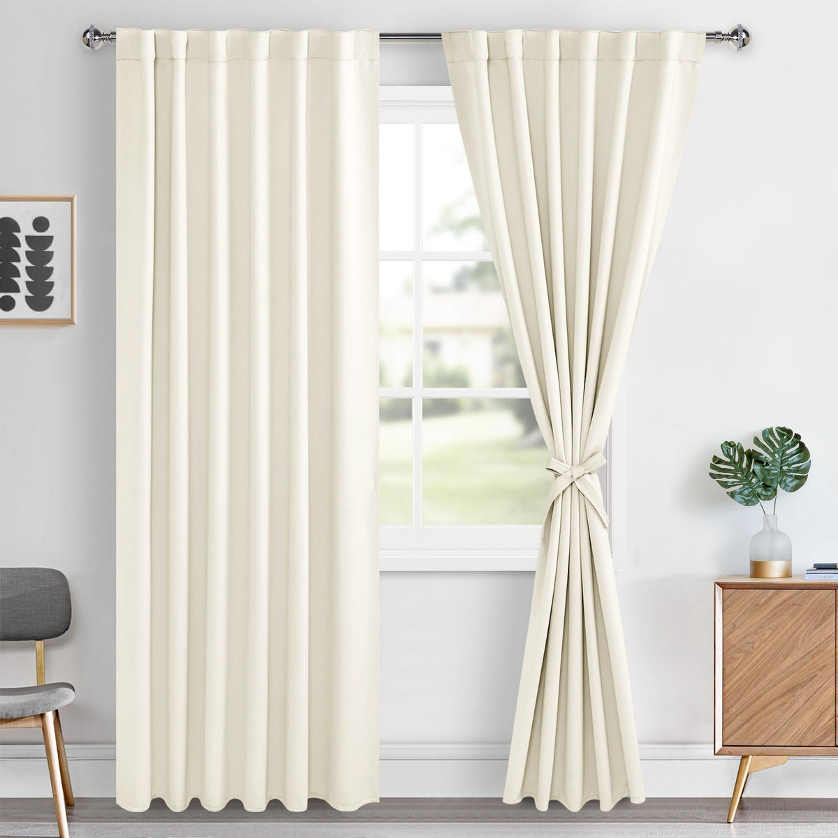 Hiasan Ivory Room Darkening Curtains 84 Inches Long, Light Blocking Thermal Insulated Rod Pocket & Back Tab Drapes Sewn With Tie