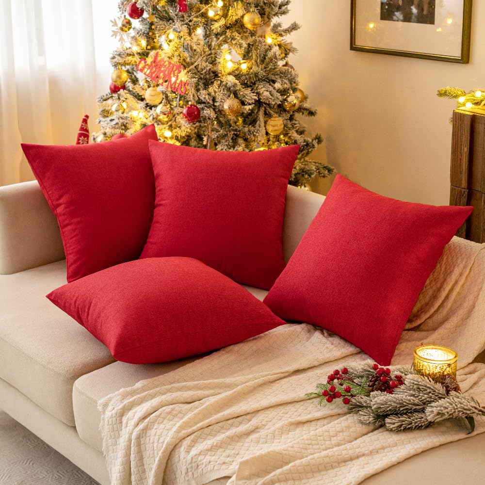 Miulee Pack Of 4 Decorative Outdoor Throw Pillow Covers Linen Waterproof Pillow Covers Farmhouse Cushion Cases For Patio Garden Tent Balcony Couch Sofa18X18 Inch Red