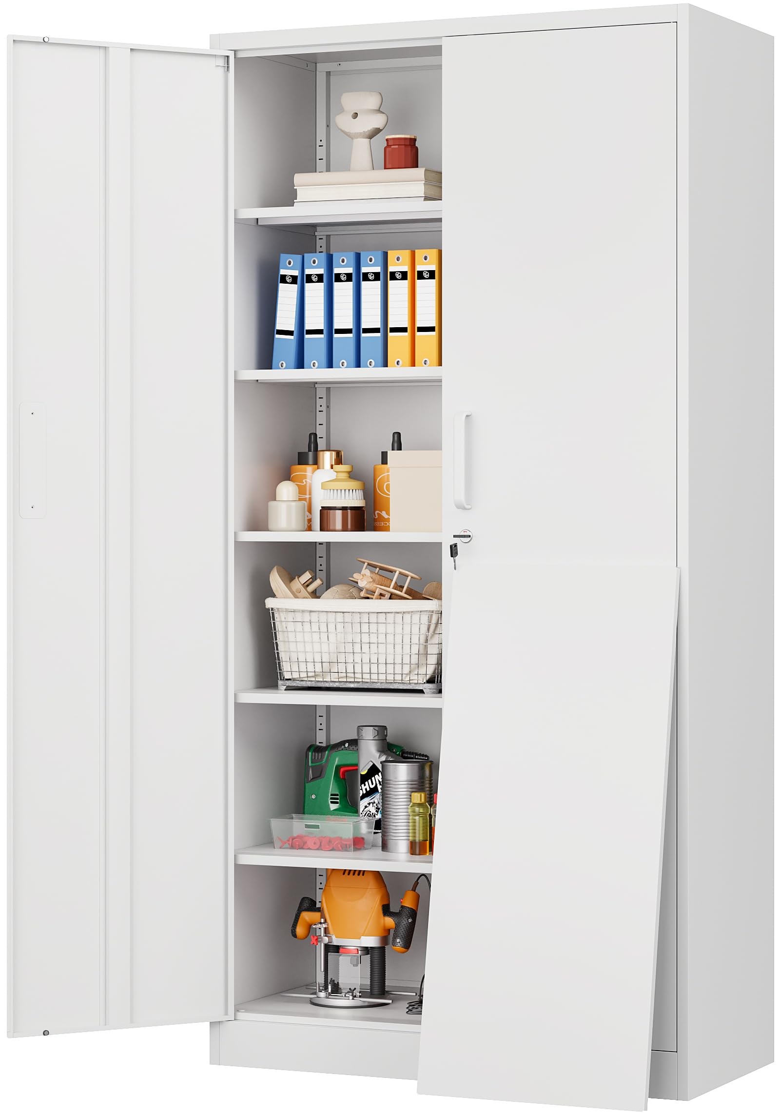 Metal Storage Cabinet With 2 Doors And 5 Adjustable Shelves,White Metal Cabinet With Lock,Garage Storage Cabinet,Lockable Pantry Cabinet,Steel Utility Cabinet For Home,Office,Garage,Shop 72X36X18