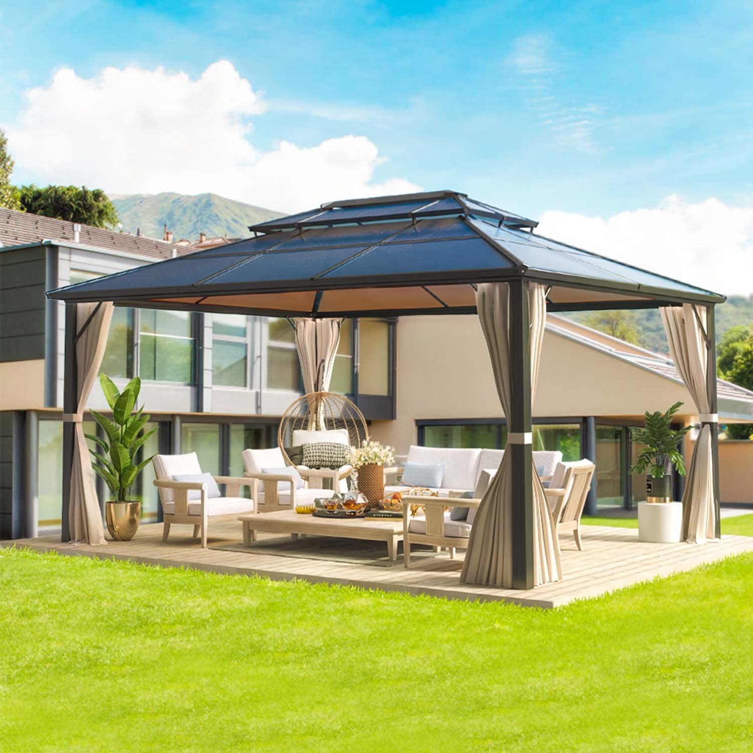 Yoleny 12'X16' Hardtop Gazebo, Outdoor Polycarbonate Double Roof Canopy, Aluminum Frame Permanent Pavilion With Curtains And Net