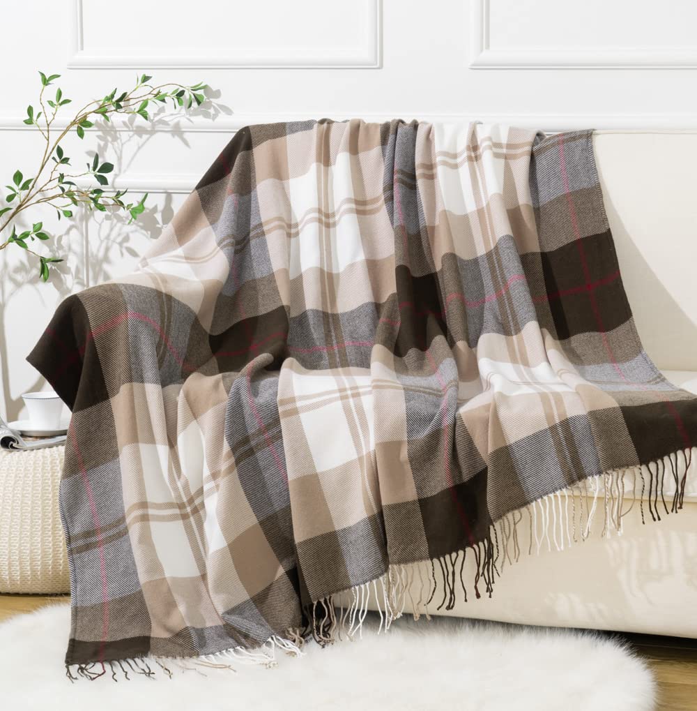Battilo Home Brown Plaid Throw Blanket For Couch - Fall Plaid Blanket Buffalo Plaid Blankets - Lightweight Farmhouse Outdoor Thr