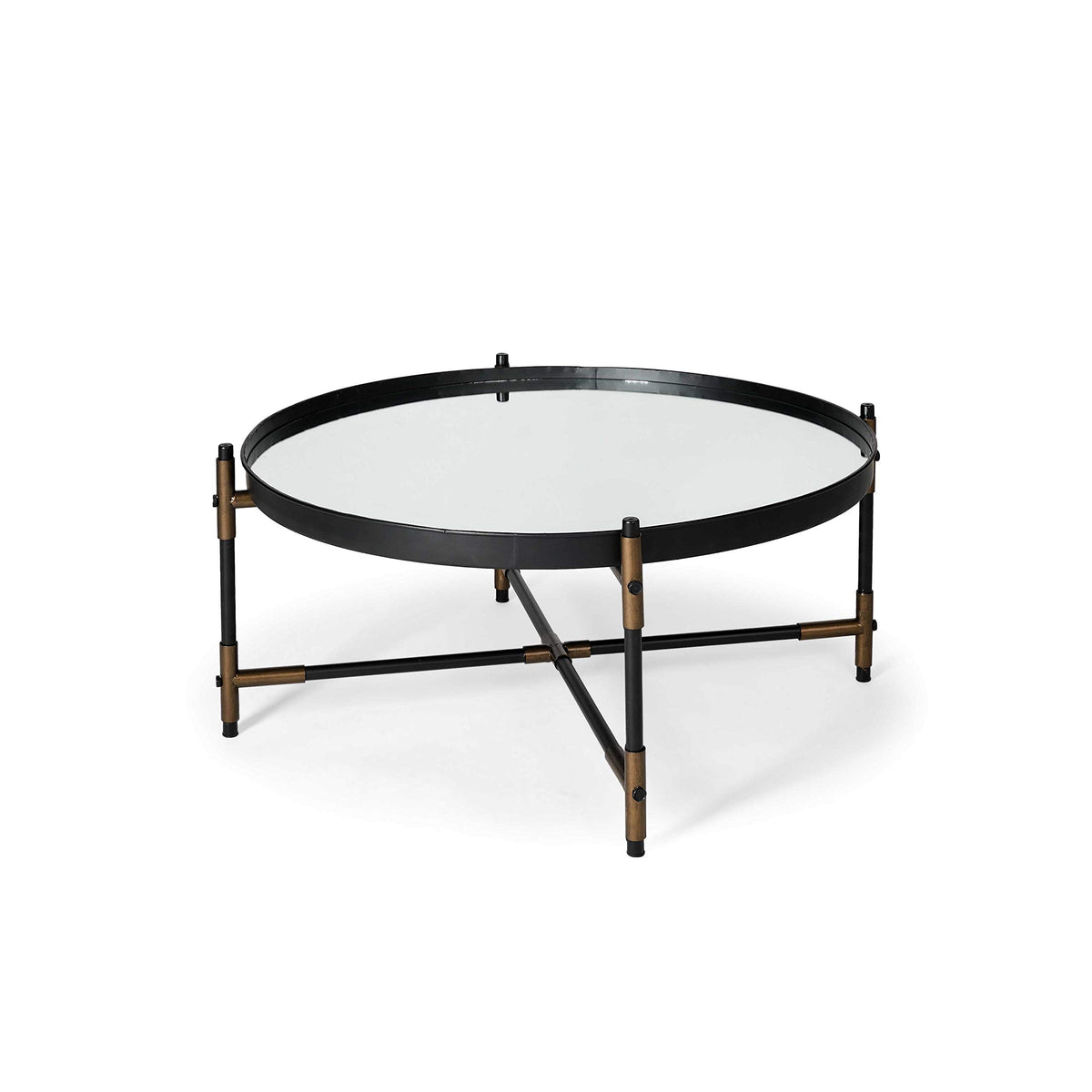 HomeRoots Round Mirrored Top Accent Table with Black and Brass Metal Base