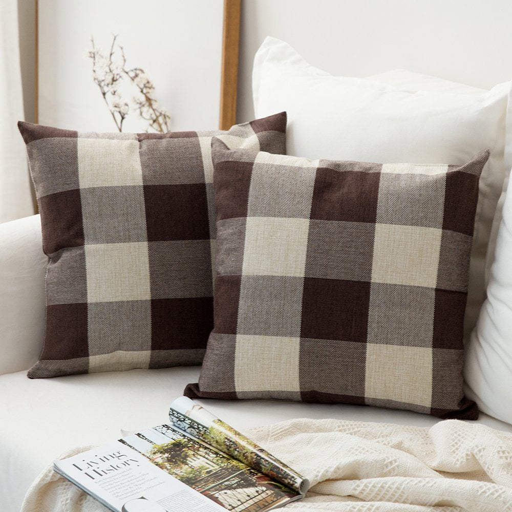 Miulee Pack Of 2 Classic Farmhouse Buffalo Check Plaids Polyester Linen Soft Soild Decorative Square Throw Pillow Covers Home De