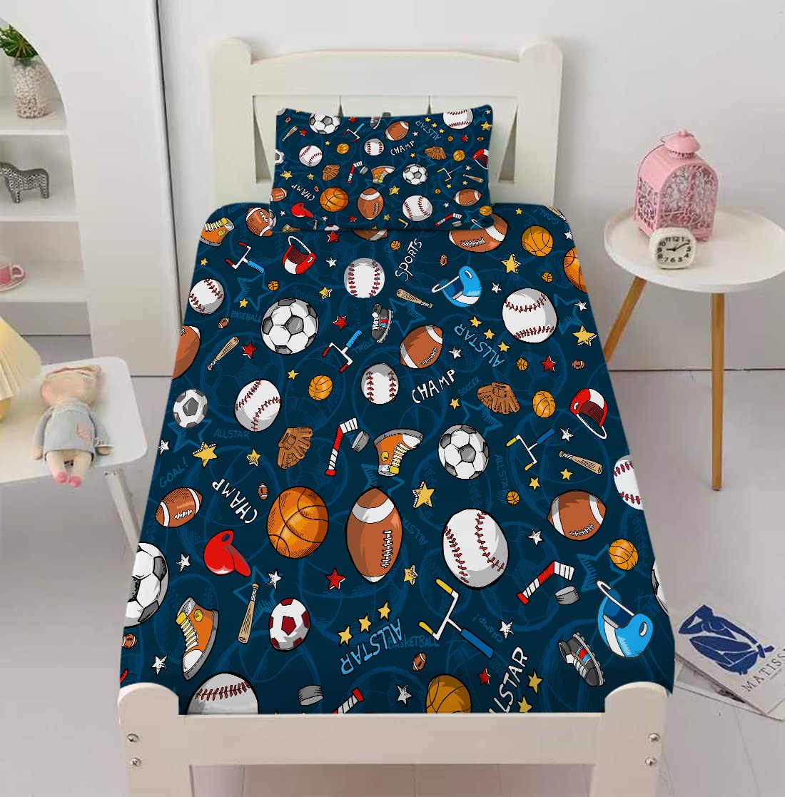 Gusuhome Boys Sports Fitted Sheet Twin Size 3D Soccer Basketball Baseball Football Bedding For Kids Teens Bedroom Comfy Deep Poc