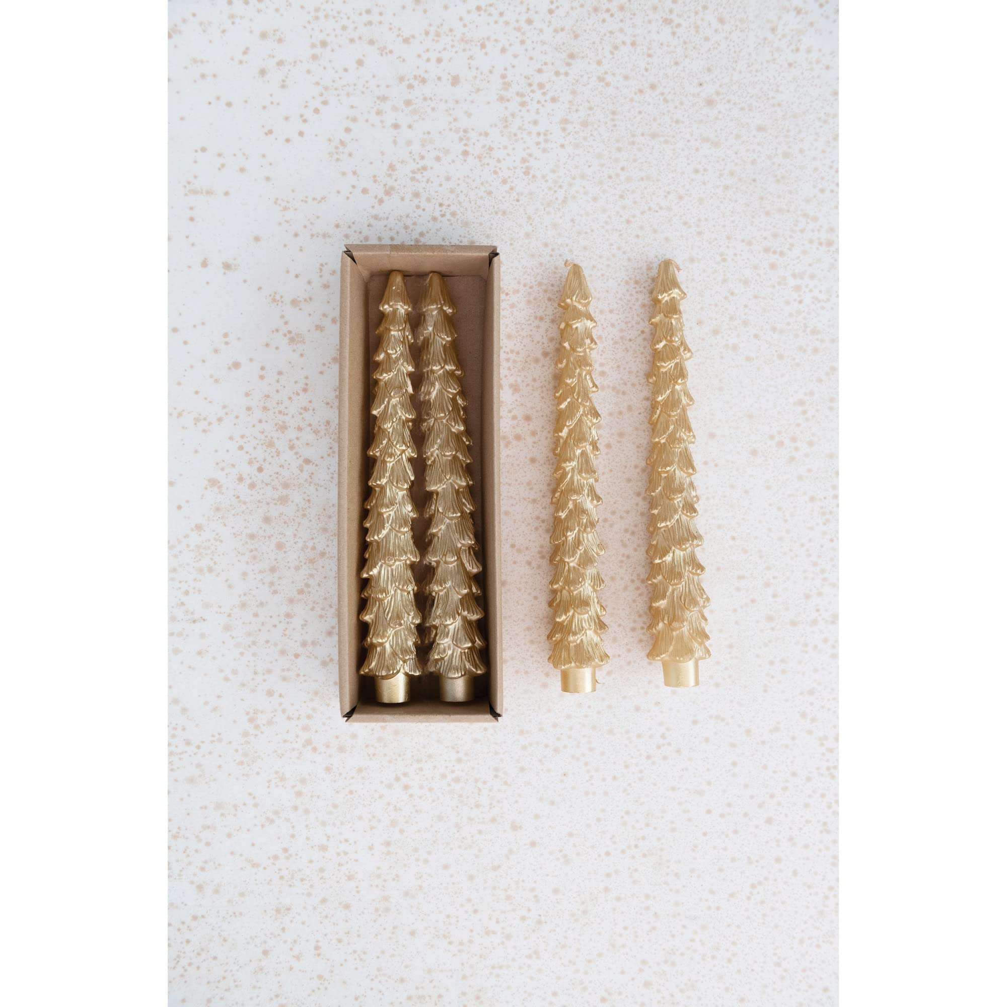Creative Co-Op Unscented Tree Shaped Taper Candles, Gold, Boxed Set Of 2