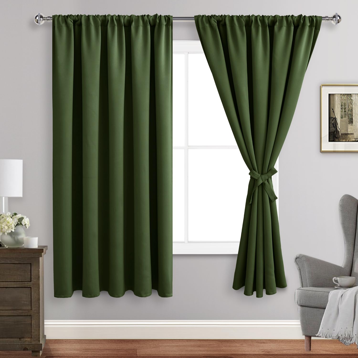 Jiuzhen Blackout Curtains For Bedroom - Thermal Insulated Room Darkening Rod Pocket Curtains For Living Room, Set Of 2 Panels With Tiebacks, 60 X 72 Inch Length, Olive Green