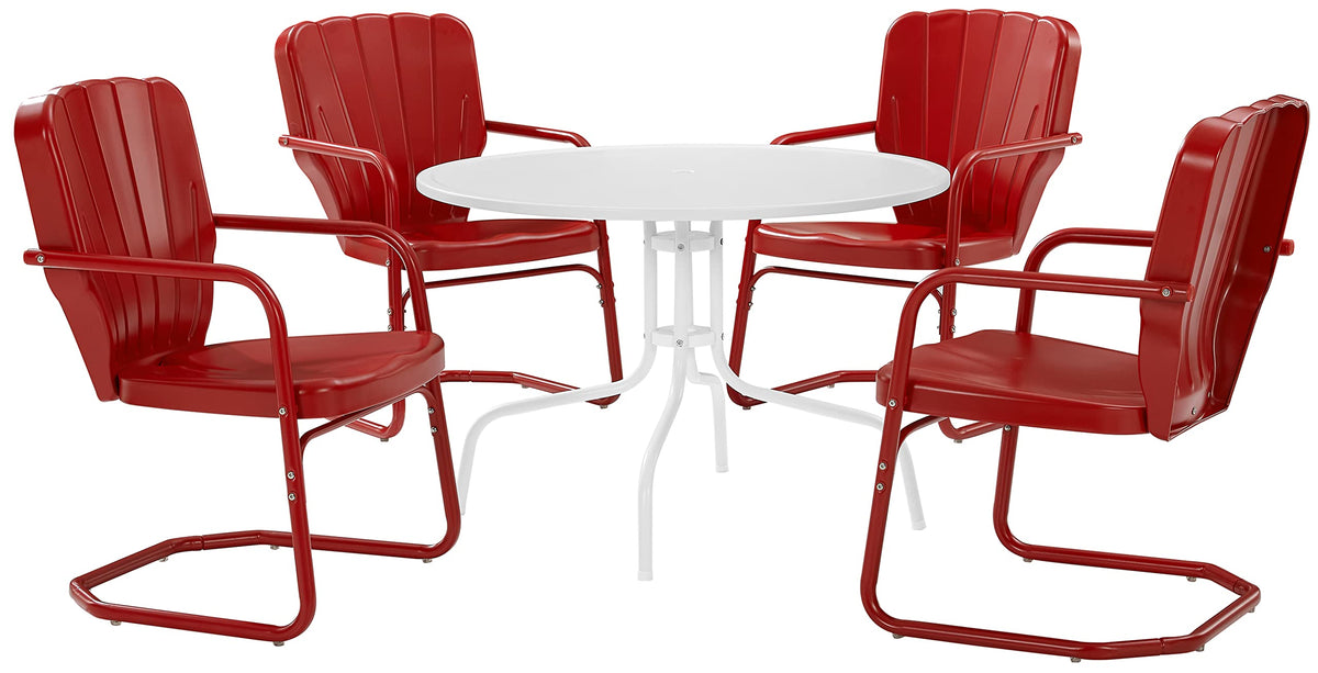 Crosley Furniture Ridgeland 5-Piece Outdoor Dining Set for 4, Retro Metal Round Patio Table and Chairs, Bright Red Gloss