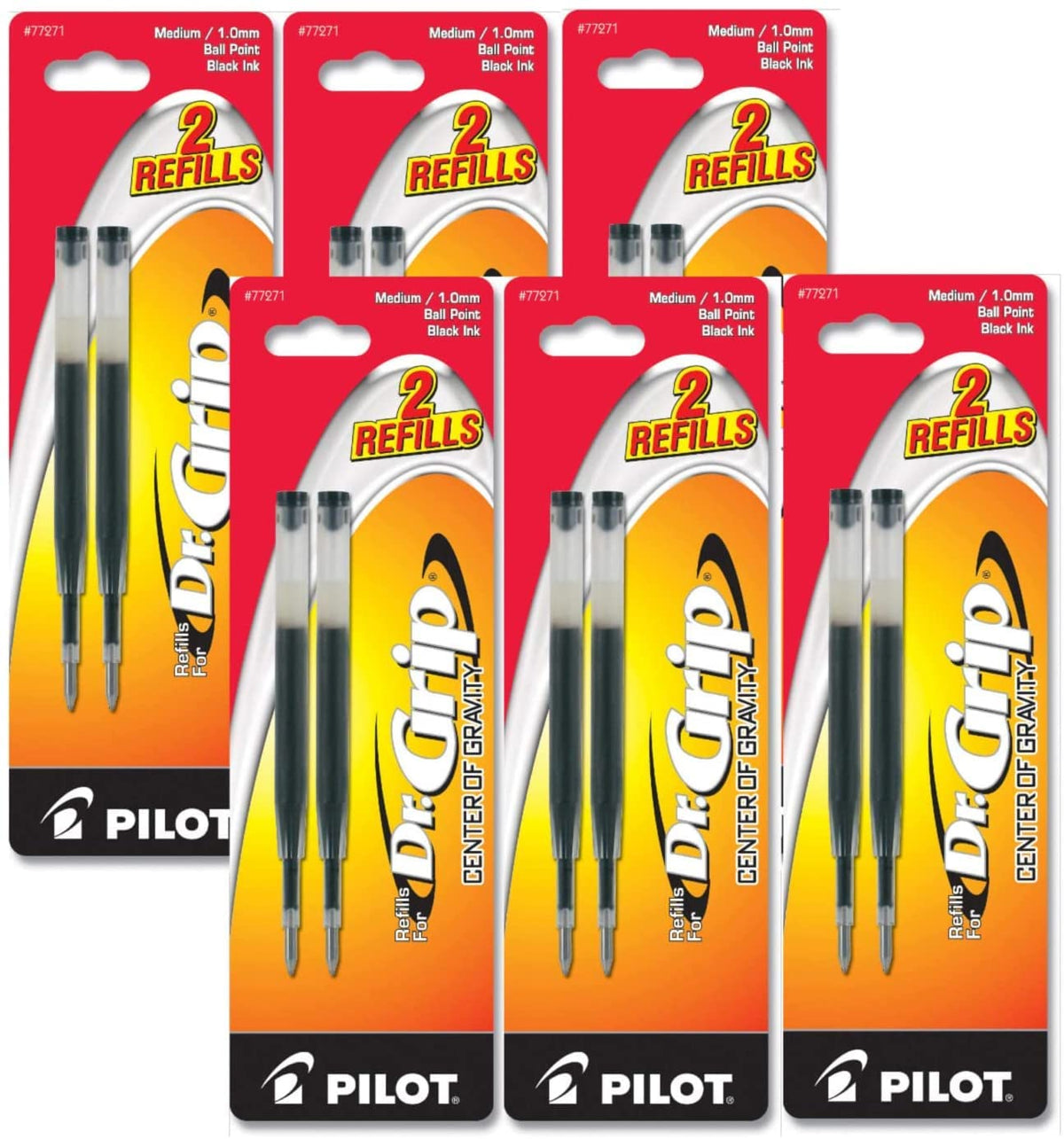 Value Pack Of 6 - Pilot Dr. Grip Center Of Gravity Ballpoint Ink Refill, 12 Total Refills, Medium Point, Black Ink (77271) By Pi