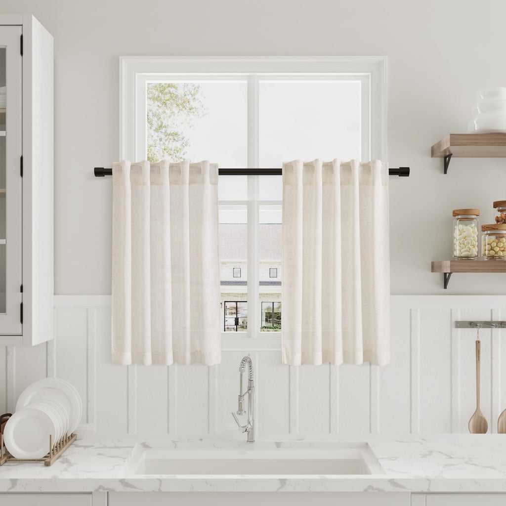Nanspring Beige Cafe Curtains 24 Inches Long 2 Panels Back Tab Rod Pocket Half Kitchen Window Curtains Over Sink Short Linen Sem