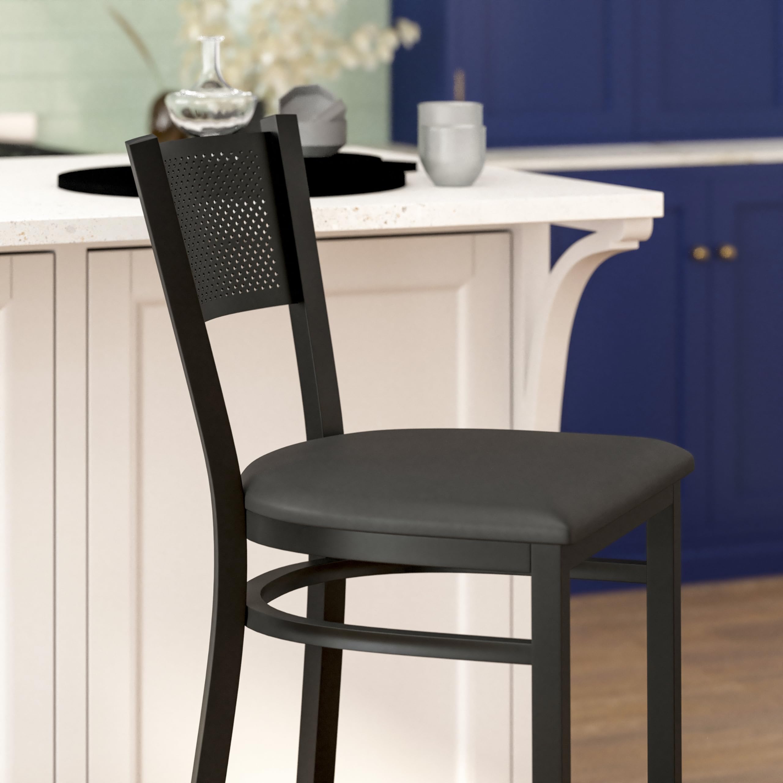 Flash Furniture HERCULES Series Black Grid Back Metal Restaurant Barstool - Black Vinyl Seat