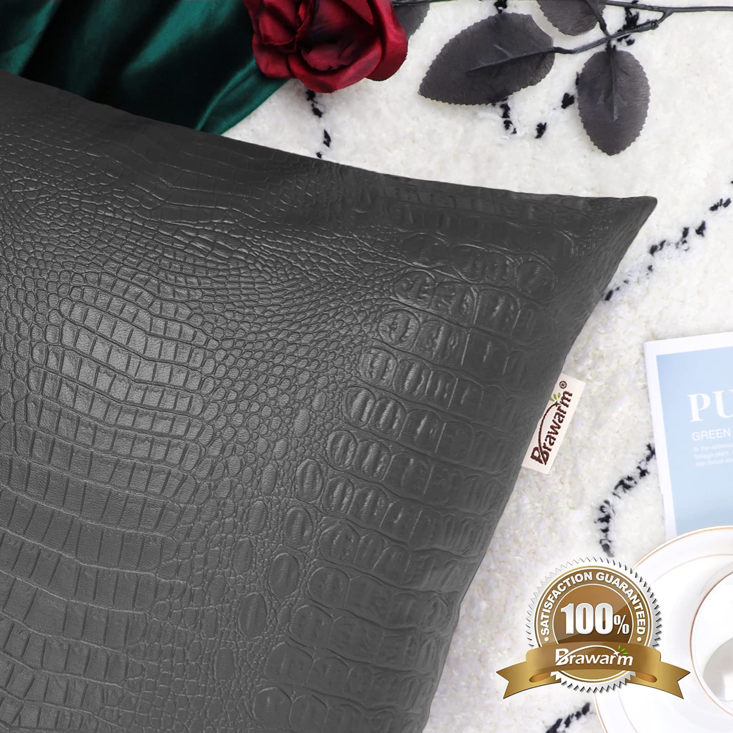 Brawarm Faux Leather Pillow Covers 16 X 16 Inches, Charcoal Gray Leather Pillow Covers Pack Of 2, Crocodile Leather Decorative T