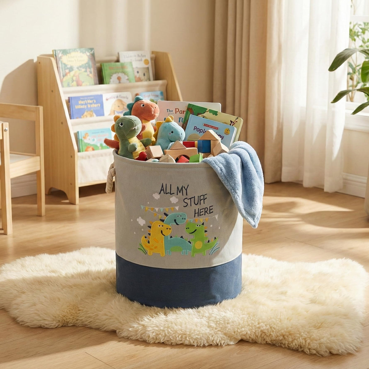 KNOTTY ROPE Jurassic Joy Basket | Kids Dinosaur Storage Bin with Embroidery & Rope Handles | Toy Organizer, Book Basket and Laun