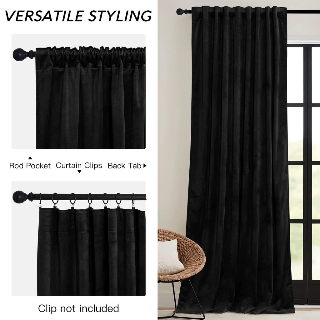 Ryb Home Black Velvet Curtains 96 Inch, Blackout Window Curtains With Pleat Tape On Top For Bedroom Thermal Insulated Privacy Drapes For Nursey, W52 X L96 Inch, 2 Panels