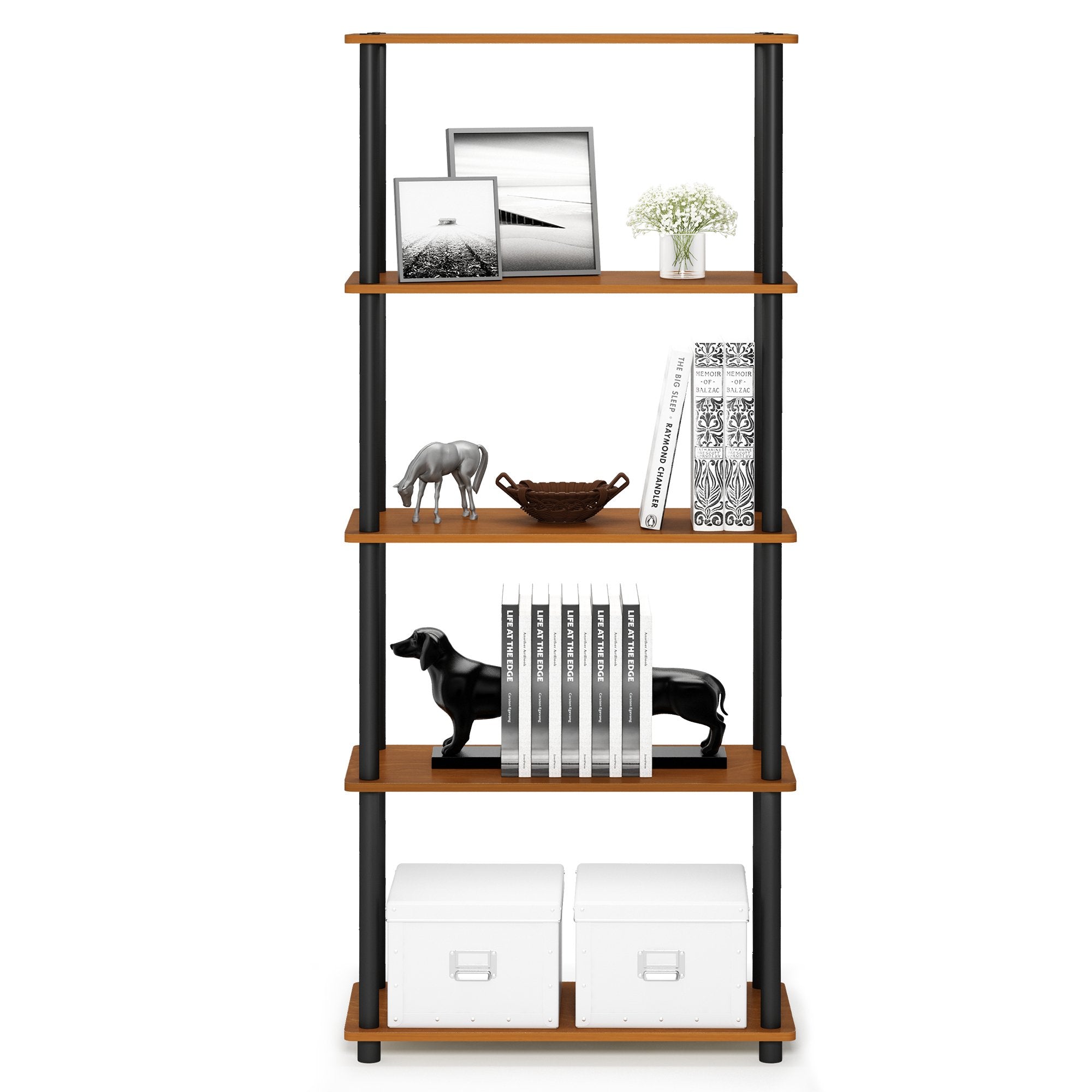 Furinno Turn-N-Tube 5-Tier Multipurpose Shelf / Display Rack / Storage Shelf / Bookshelf, Round Tubes, Light Cherry/Black