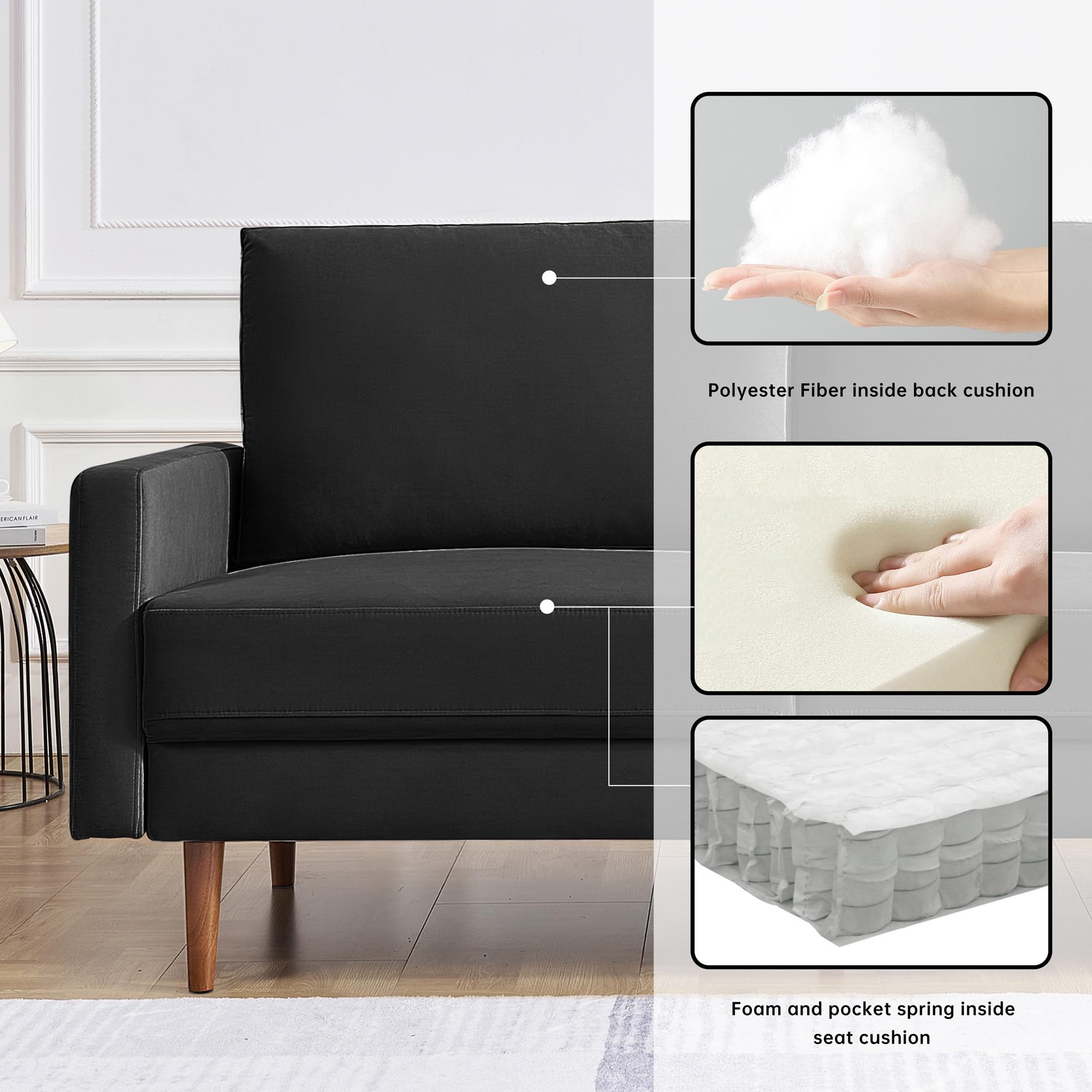 American Furniture Classics Black 69 Inch Wide Upholstered Two Cushion Sofa with Square Arms Velvet, 69&quot; x 32&quot; x 37&quot;