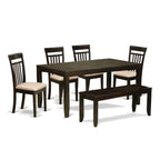 East West Furniture LYCA6-CAP-C Lynfield 6 Piece Set Contains a Rectangle Dining Room Table with Butterfly Leaf and 4 Linen Fabric Kitchen Chairs with a Bench, 36x66 Inch, Cappuccino