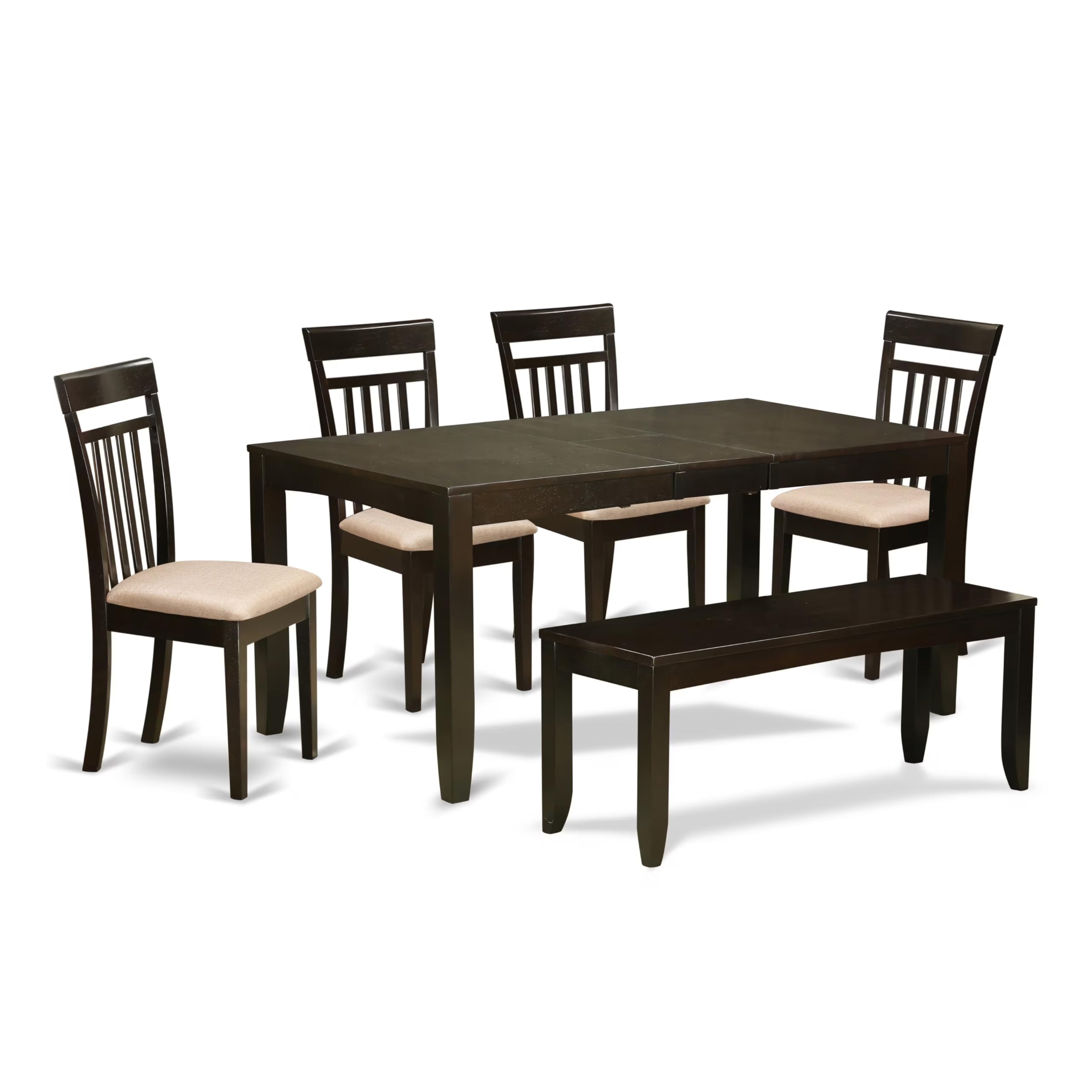 East West Furniture LYCA6-CAP-C Lynfield 6 Piece Set Contains a Rectangle Dining Room Table with Butterfly Leaf and 4 Linen Fabric Kitchen Chairs with a Bench, 36x66 Inch, Cappuccino