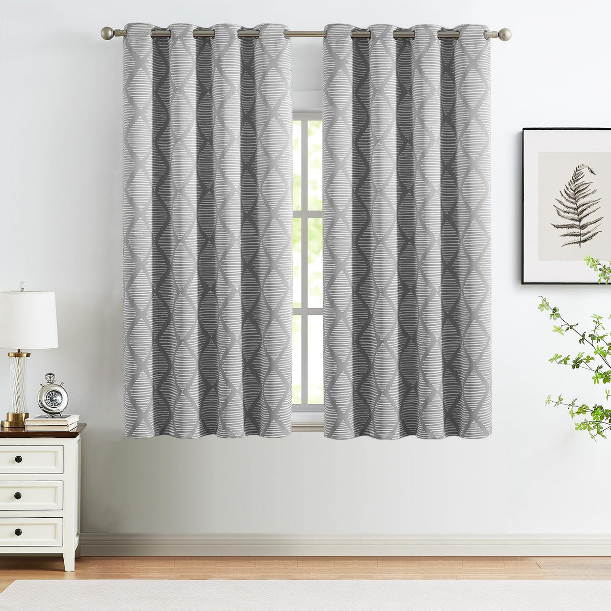 Jinchan 100% Blackout Curtains 63 Inch Length Grey Geometric Printed Curtains Thermal Insulated Pattern Bedroom Curtains Modern