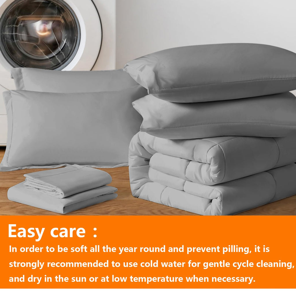 Taimit Grey Queen Size Comforter Set - 7 Pieces, Bed In A Bag Bedding Sets With All Season Soft Quilted Warm Fluffy Reversible C