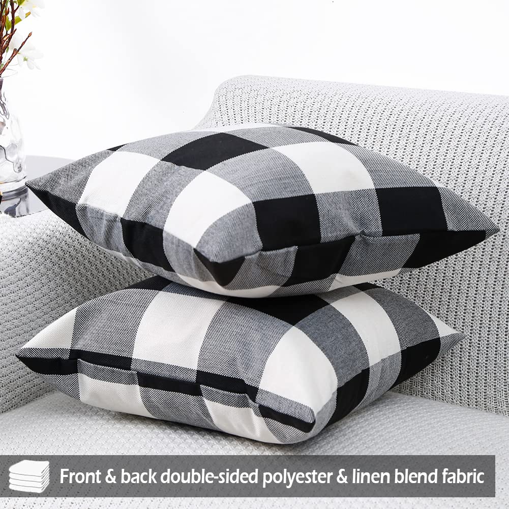 Carrie Home Black And White Outdoor Throw Pillow Covers 16X16 Set Of 2 Black Buffalo Plaid Pillows Decorative Linen Boho Pillow