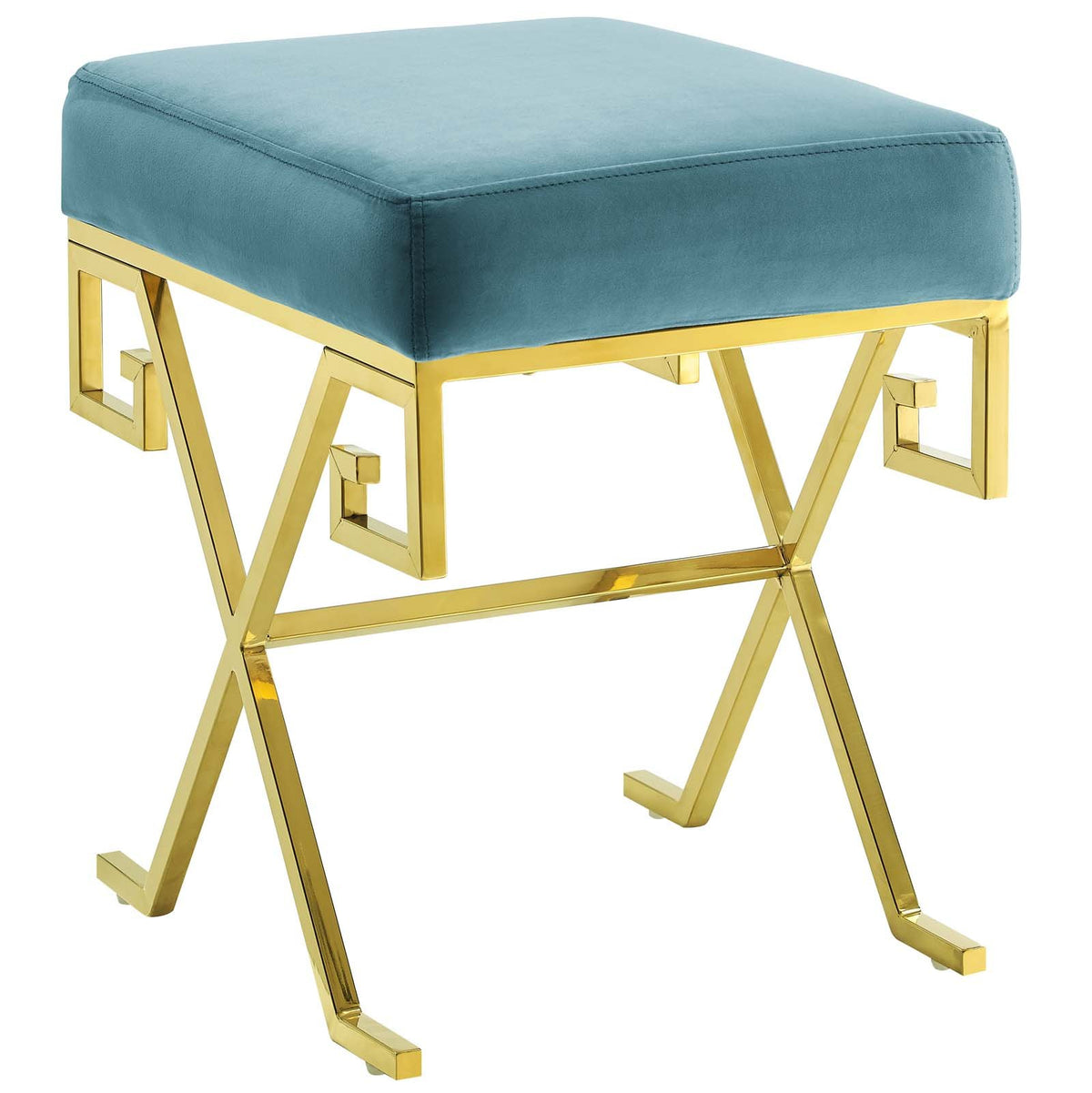 Modway Twist Greek Key X-Base Performance Velvet Upholstered Entryway Modern Bench In Sea Blue