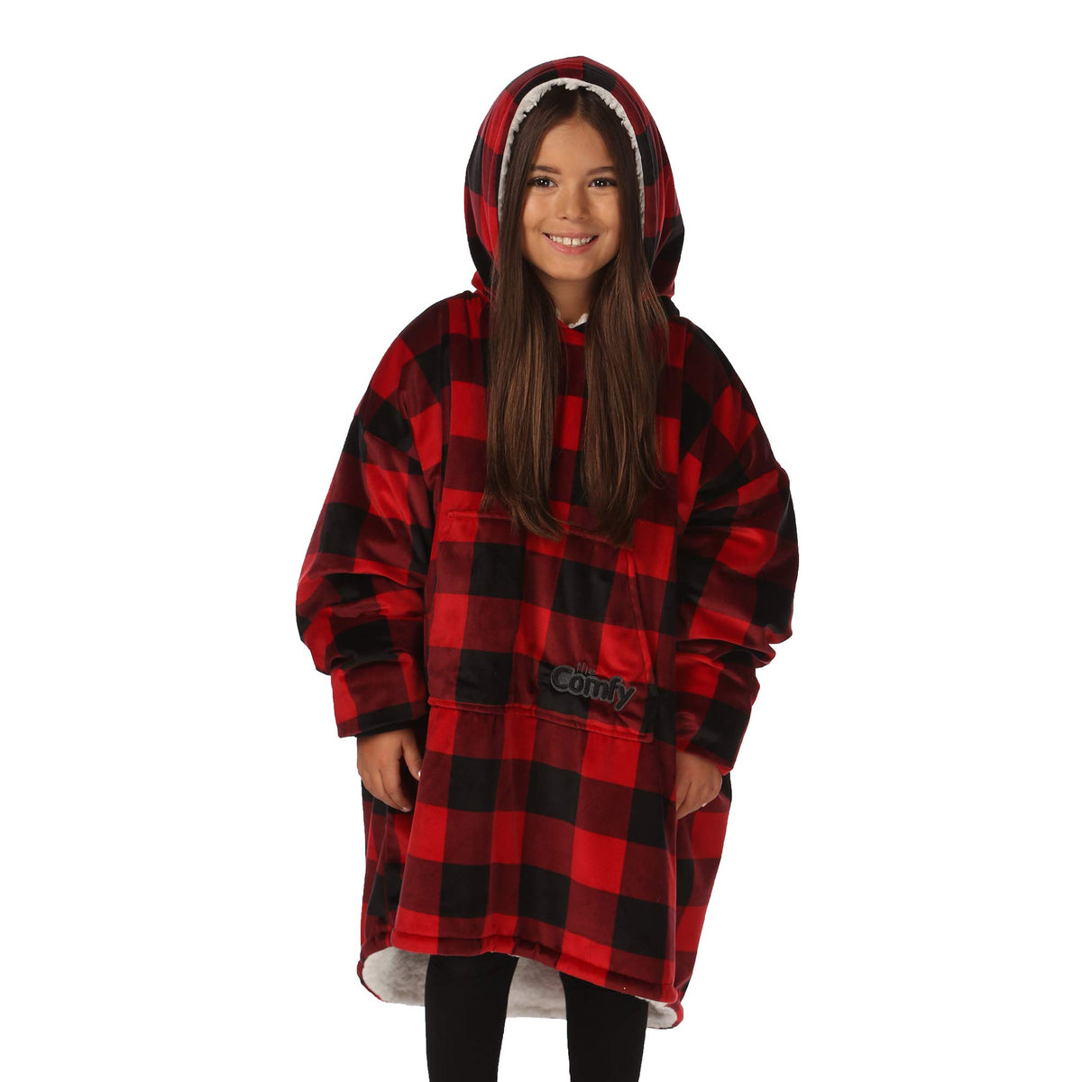 The Comfy Original Jr | The Original Oversized Sherpa Wearable Blanket For Kids, Seen On Shark Tank, One Size Fits All, Red Plai