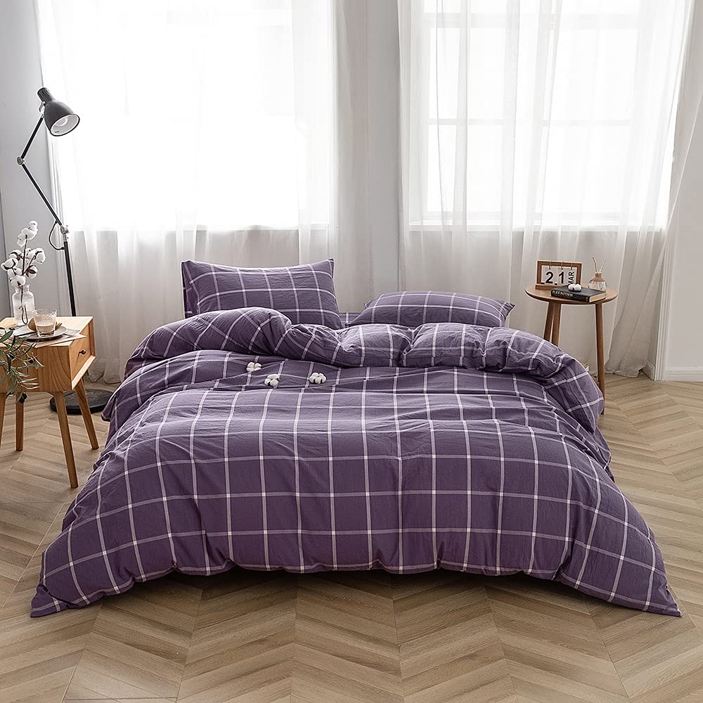 Face Two Face Bedding Duvet Cover Set 3 Pieces 100% Washed Cotton Duvet Cover Linen Like Textured Breathable Durable Soft Comfy(Queen, Purple Grid)