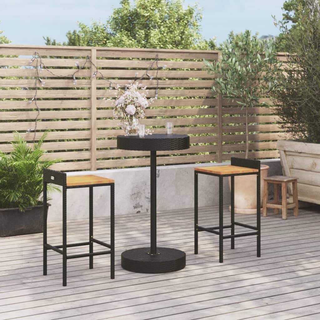 vidaXL Patio Bar Set 3 Piece, Kitchen Bar Table Set with 2 Stools, Wicker Outdoor Bar Set for Backyard Patio, Black Poly Rattan and Solid Wood Acacia