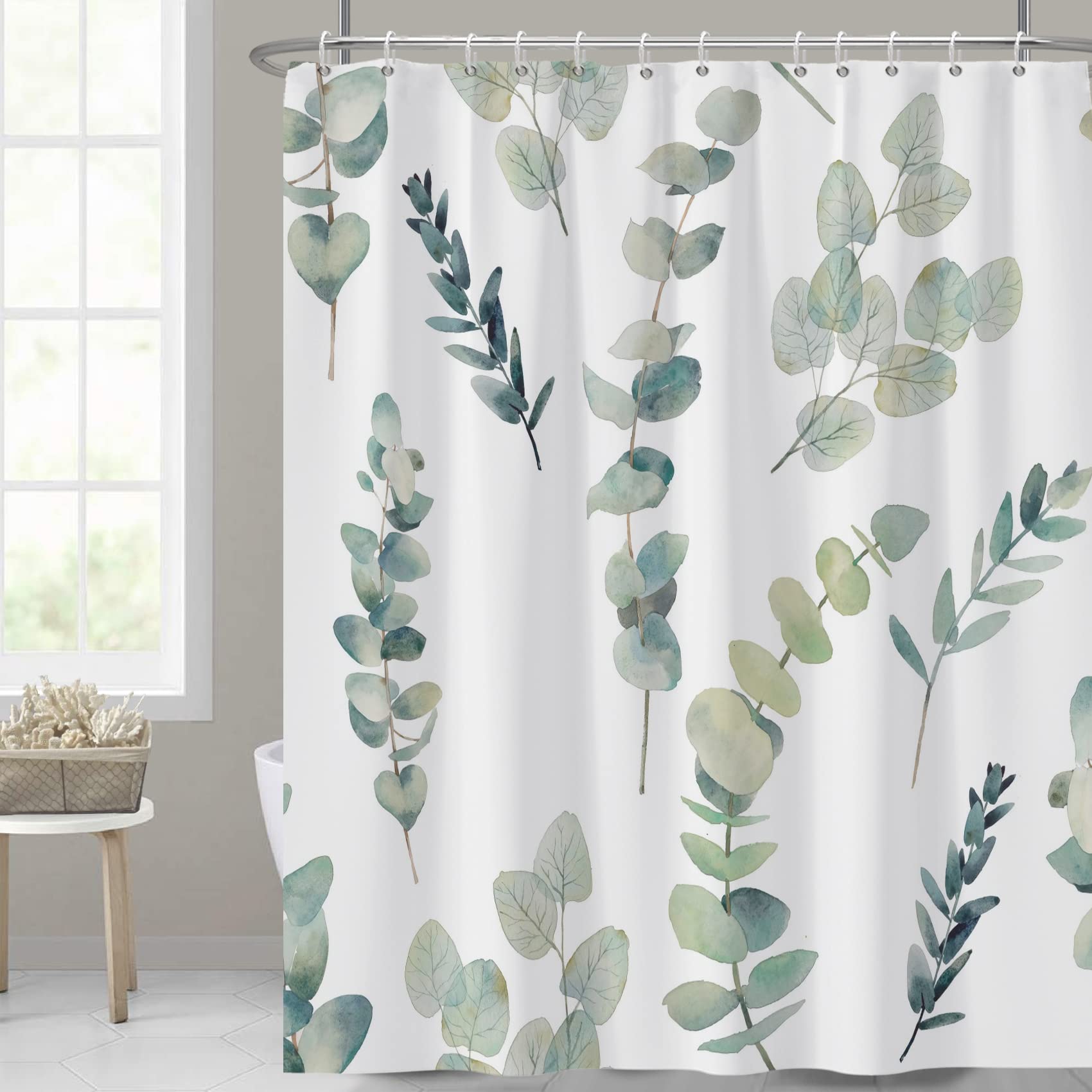 AWERT Shower Curtain Green Plants for Bathroom Waterproof Quick-Drying Eucalyptus Leaves Shower Curtain Set with Hooks 72x72 Inc