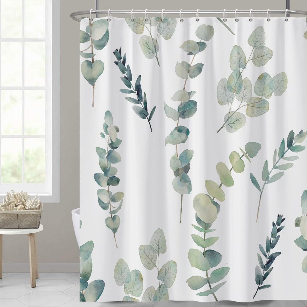 AWERT Shower Curtain Green Plants for Bathroom Waterproof Quick-Drying Eucalyptus Leaves Shower Curtain Set with Hooks 72x72 Inc