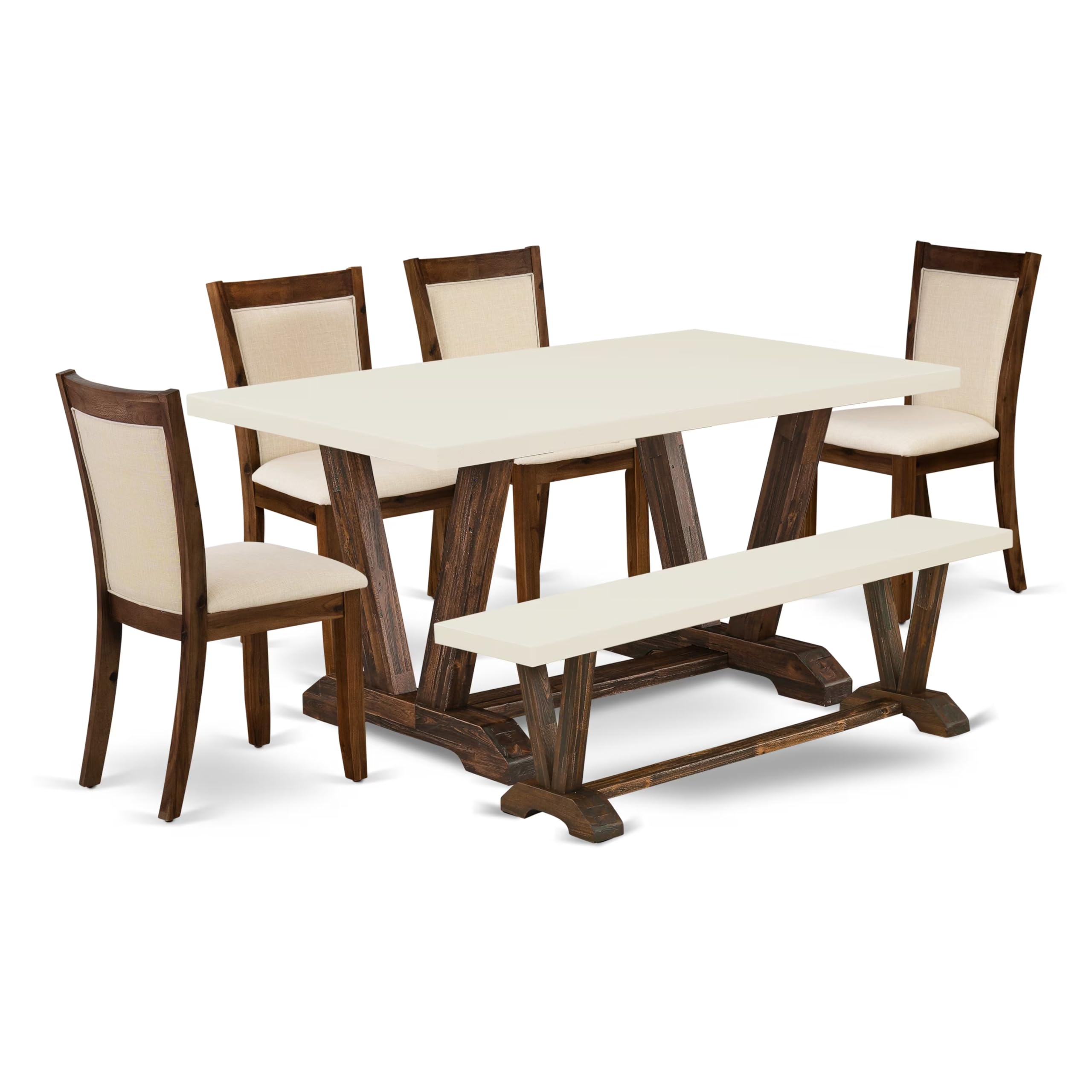 East West Furniture V726Mzn32-6 6 Piece Dining Table Set Contains A Rectangle Kitchen Table With V-Legs And 4 Light Beige Linen Fabric Parson Chairs With A Bench, 36X60 Inch, Multi-Color