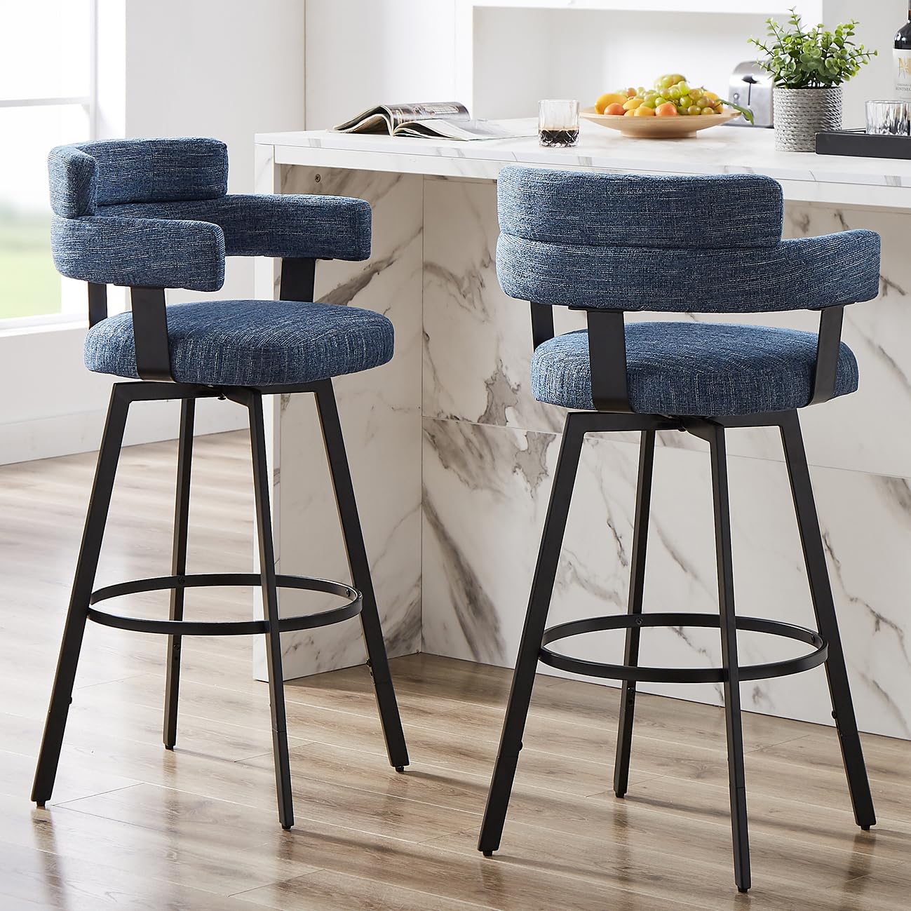 FERFALDER Counter Height Bar Stools with Full Back - Swivel Counter Stools Set of 2 with Linen Padded Back, Metal Footrest, Mode
