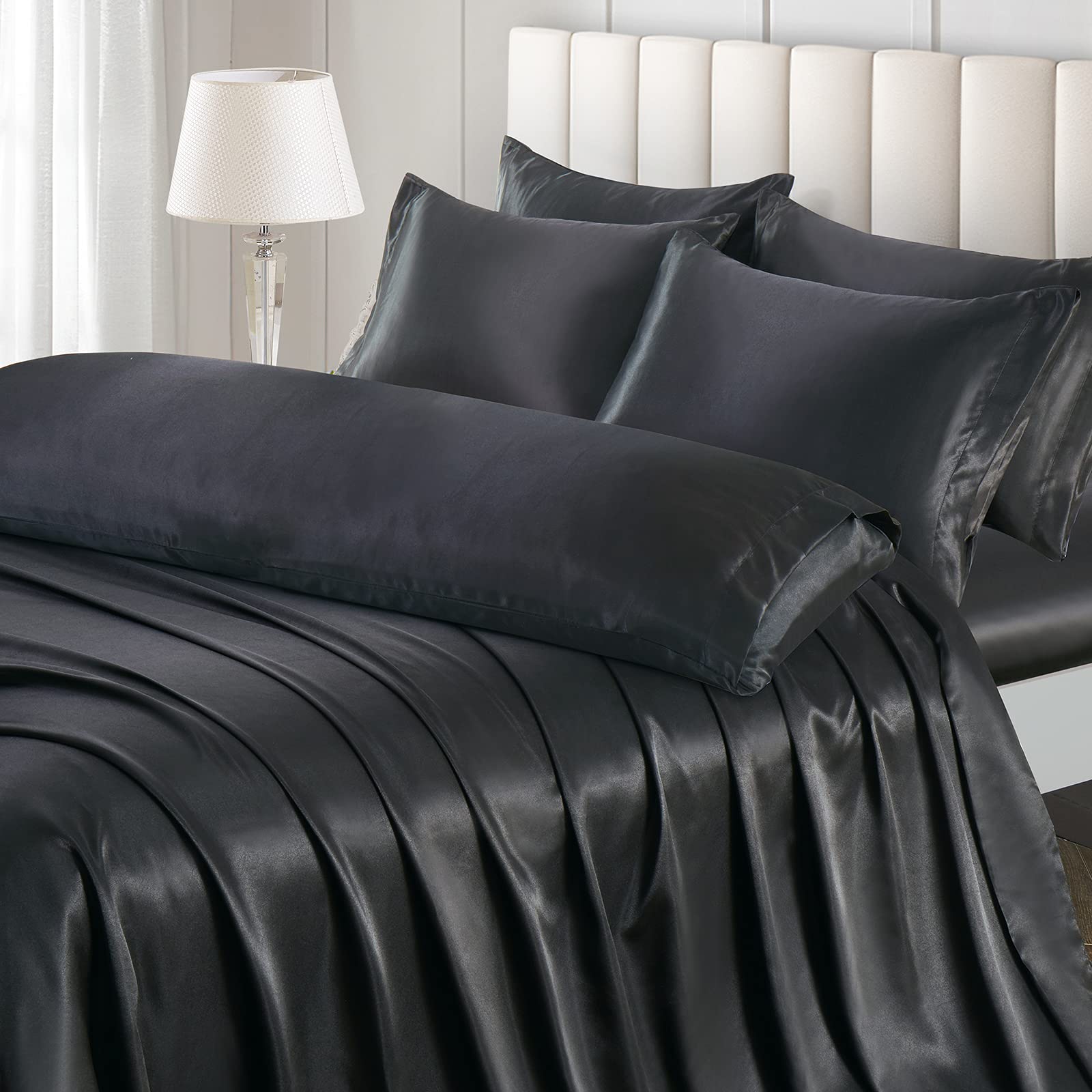 Ersmak 7 Pieces Satin Sheets Set Queen Size, Luxury Silky Black Satin Bed Sheets Set With 1 Deep Pocket Fitted Sheet, 1 Soft Fla