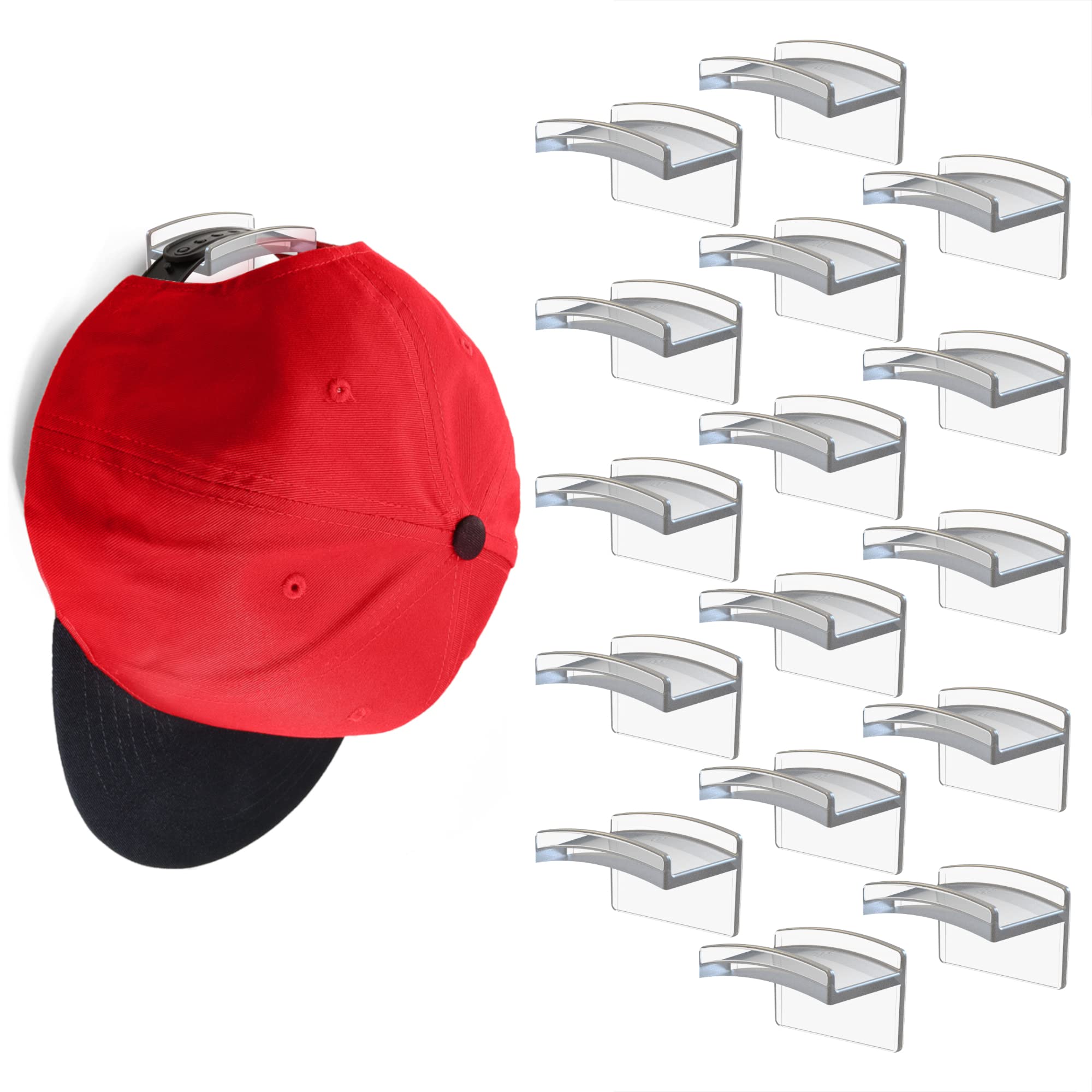 Modern JP Adhesive Hat Hooks for Wall (16-Pack) - Minimalist Hat Rack Design, No Drilling, Strong Hold Hat Hangers - USA Patente