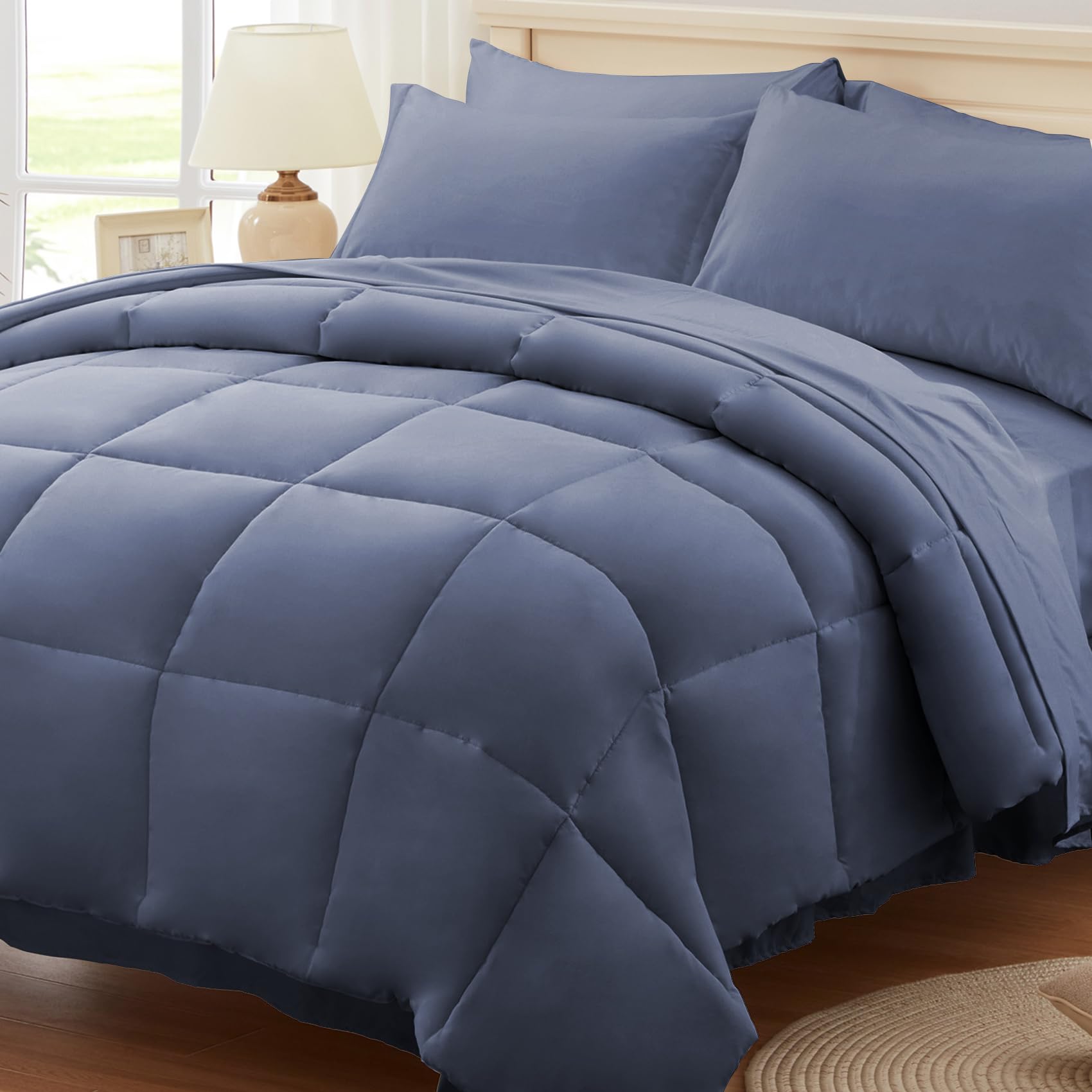 Anluoer Full Comforter Set 7 Piece, Slate Blue Bed In A Bag With Sheets, Comforters Full Size Bedding Sets With 1 Comforter, 2 P