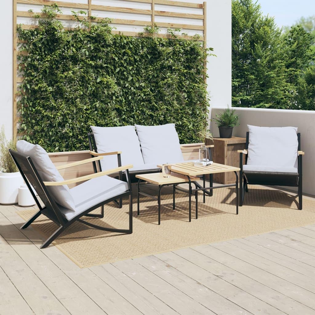 vidaXL 5 Piece Balcony Furniture Set - Black Steel with Light Gray Cushions, Outdoor Chair & Bench Seating for Patio/Garden/Terrace Combination Lounge Furniture