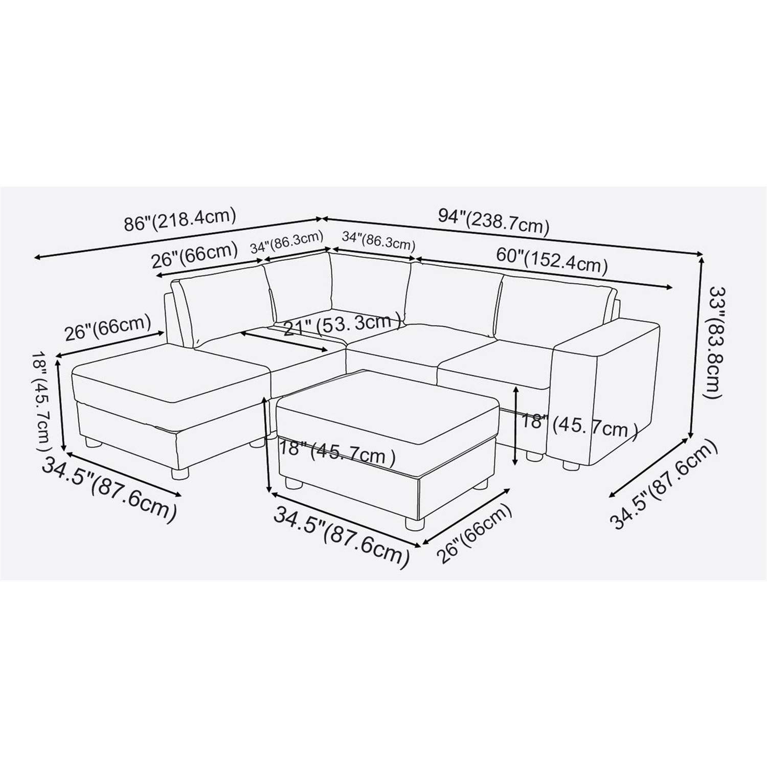 Lilola Home Marta Light Gray Linen 6 Seat Reversible Modular Sectional Sofa with Ottoman
