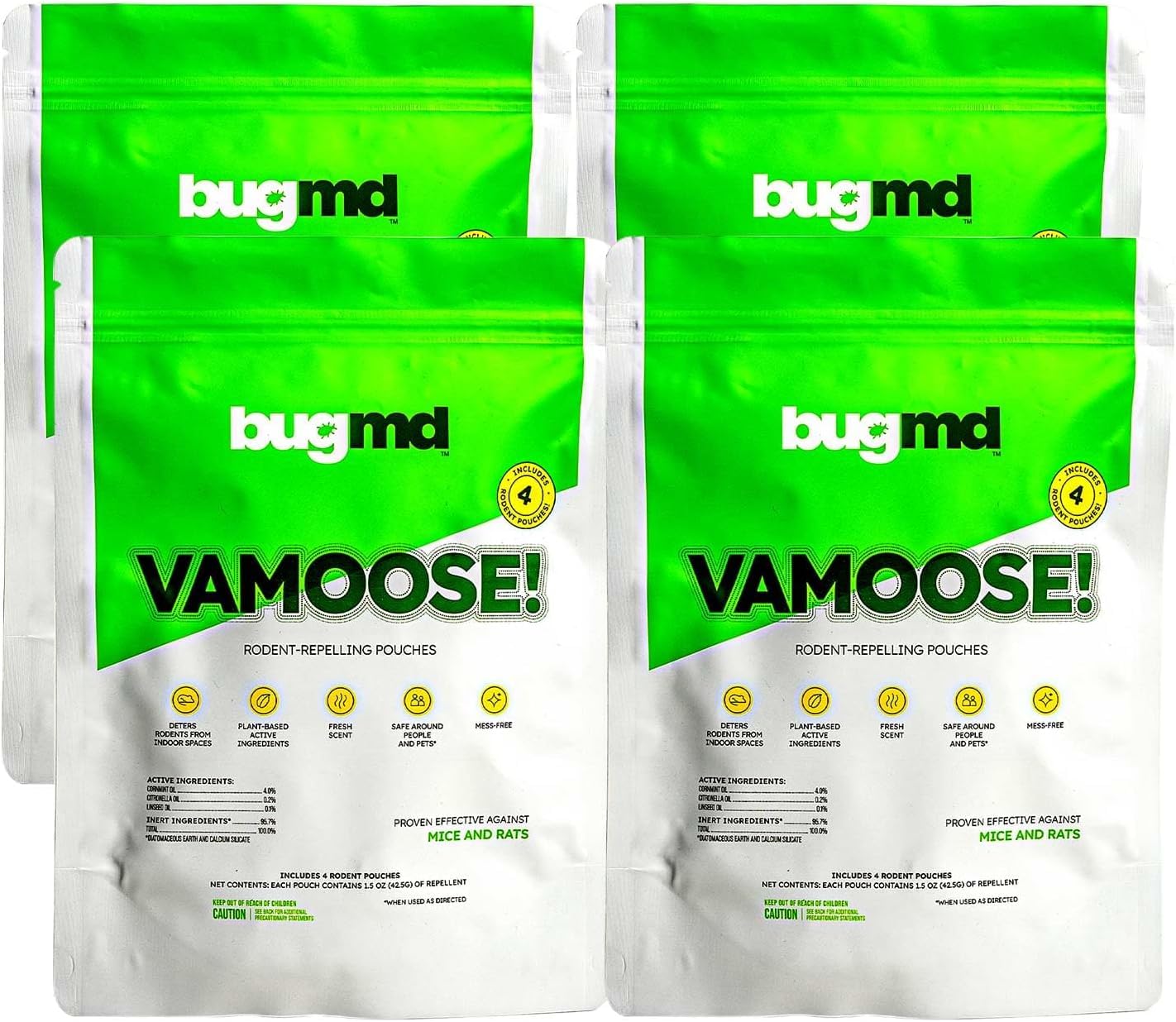 Bugmd Vamoose Rodent Repellent Pouches (1 Pack, 4 Pouches) - Plant-Powered Rat Repellent, Mouse Deterrent, Indoor & Outdoor Mice