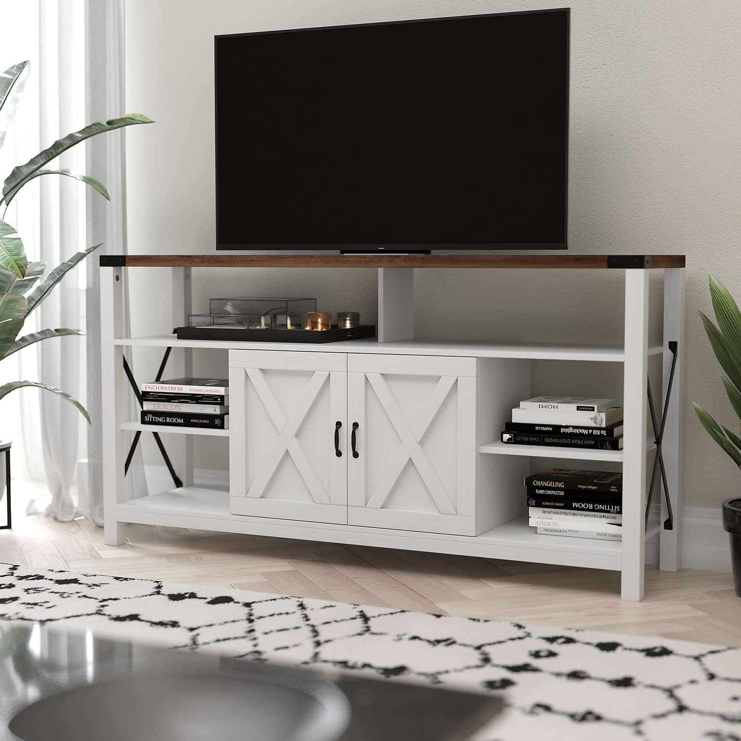 Flash Furniture Wyatt 60&Quot; Modern Farmhouse Tall Tv Stand - White Console Cabinet - Rustic Oak Top - Adjustable Middle Shelf - Fixed Shelves - For Tv'S Up To 60&Quot;