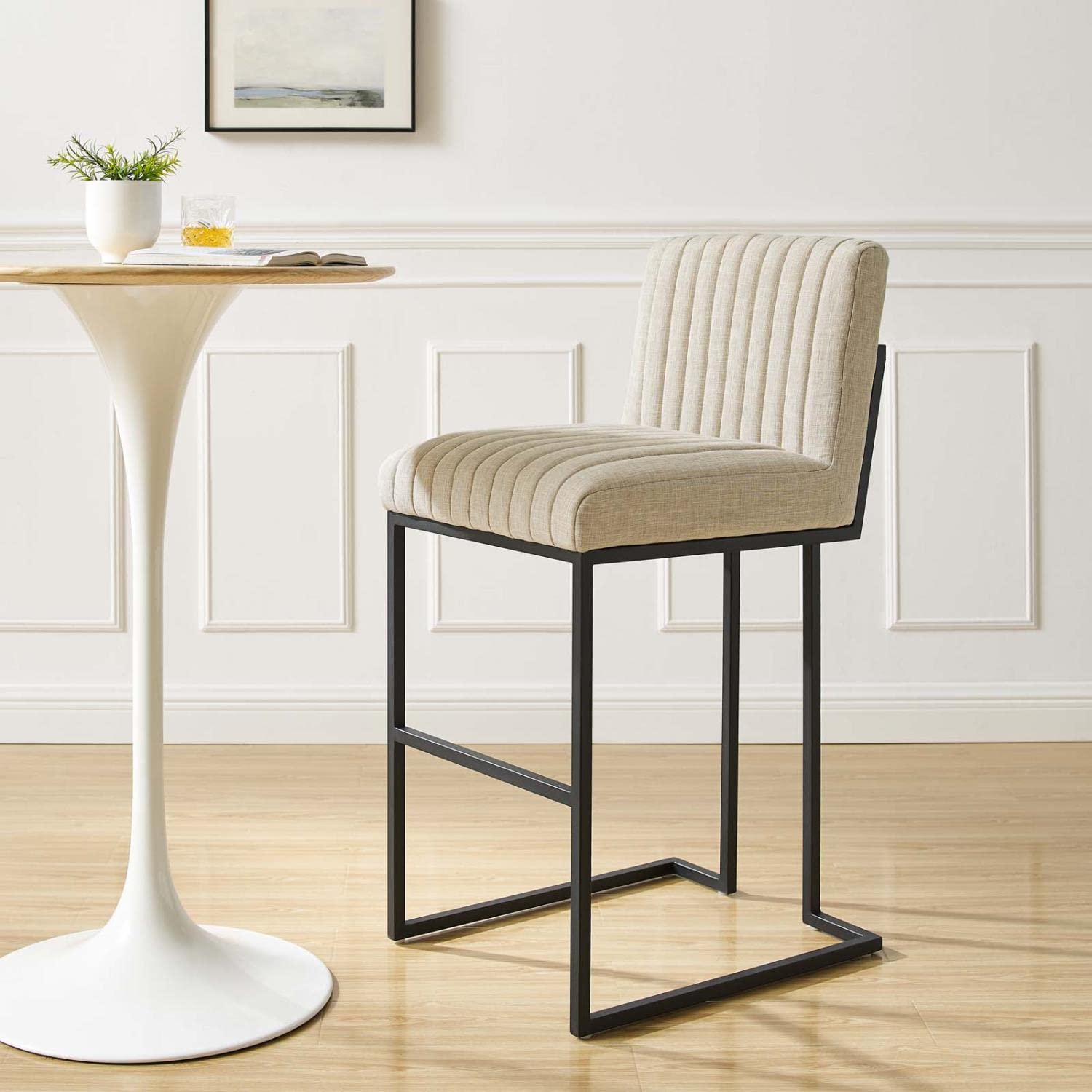 Modway Indulge Channel Tufted Fabric Bar Stool in Beige