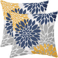 Navy Blue Yellow Pillow Covers 18X18 Set Of 2 Grey Gray Dahlia Flower Outdoor Decorative Throw Pillows Modern Geometry Art Farmh