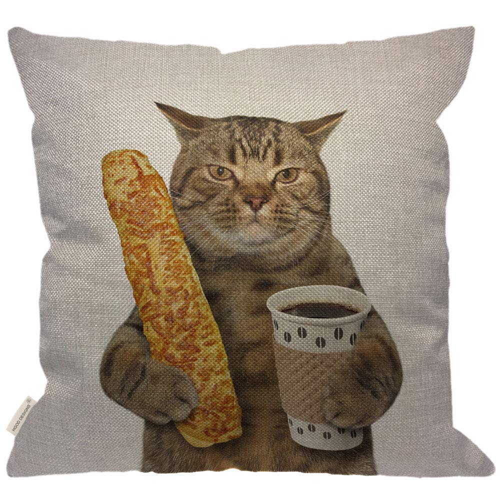 Hgod Designs Funny Cat Throw Pillow Cover,The Cat Is Holding A Cup Of Black Coffee And A Baguette Decorative Couch Sofa Bedroom