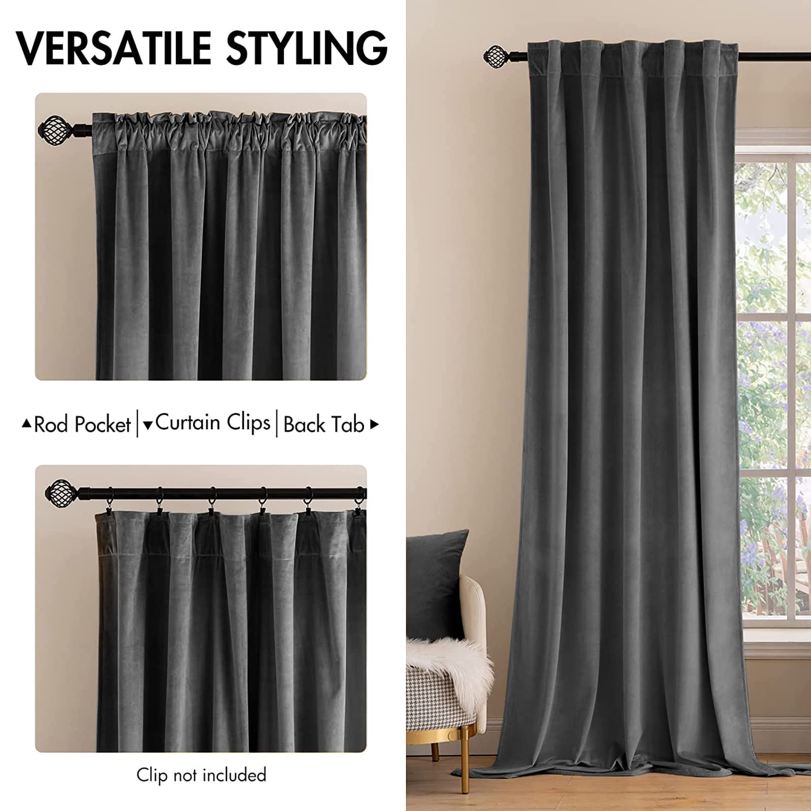Miulee Grey Velvet Curtains 96 Inches 2 Panels - Luxury Blackout Curtains For Bedroom Living Room Thermal Insulated Super Soft Window Drapes Rod Pocket & Back Tab, W52 X L96 Inches