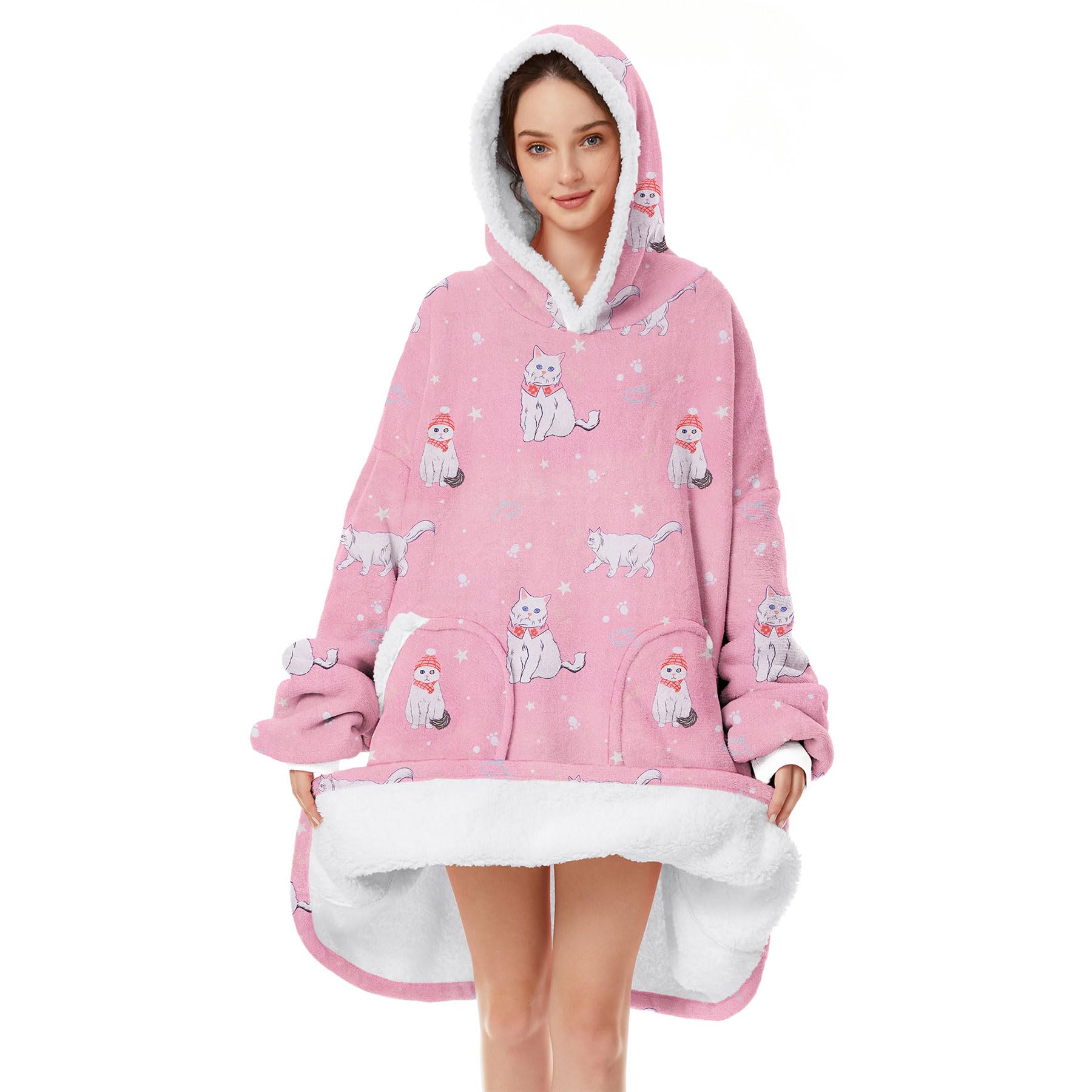 Zando Oversized Wearable Pink Blanket Hoodie - Cozy And Warm Sherpa Fleece Sweater Blanket With Pocket - Gift For Women & Men
