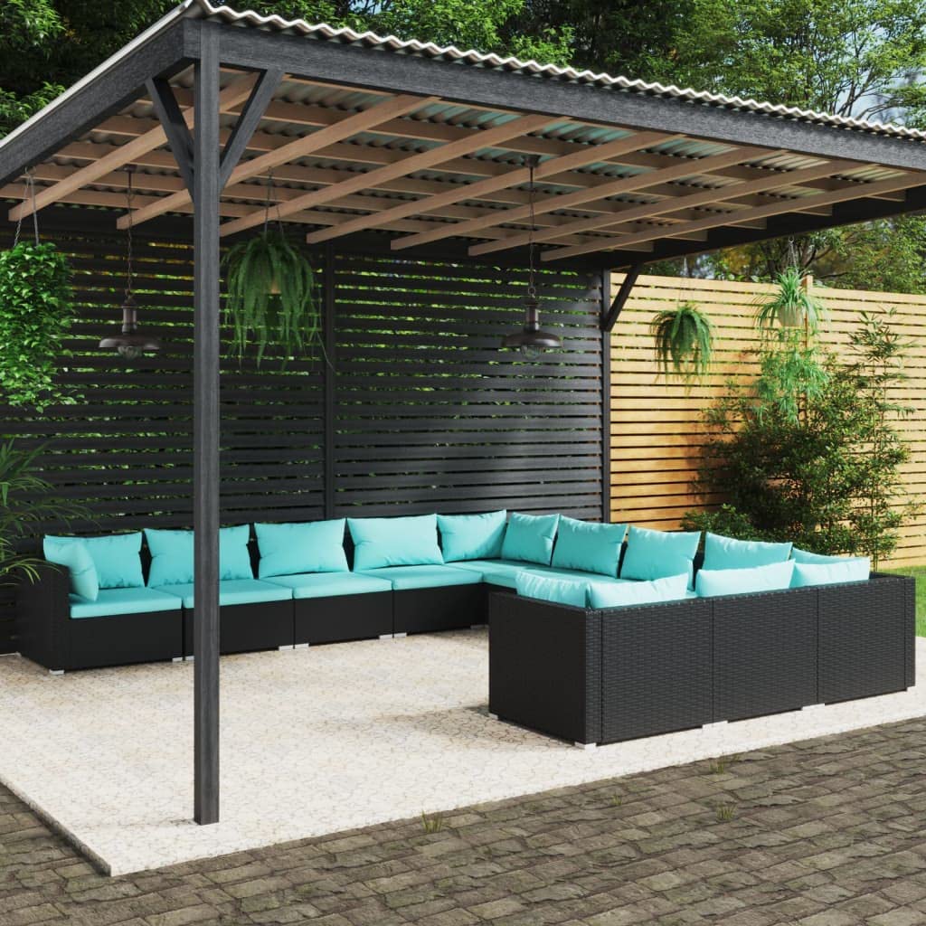vidaXL 11 Piece Patio Lounge Set with Cushions - Durable Poly Rattan Black - Weather and Water-Resistant Outdoor Furniture Set - Modular Design, Easy to Arrange