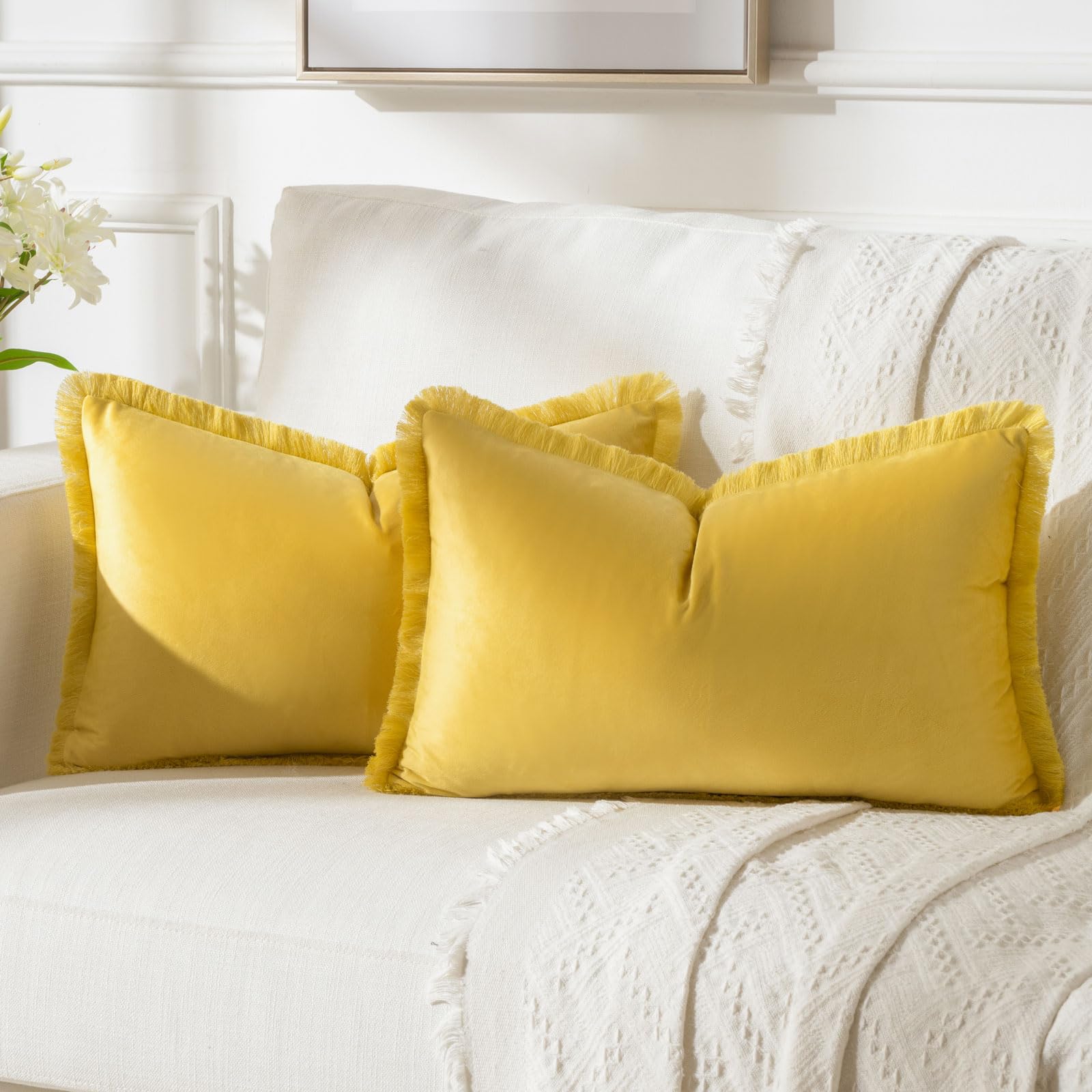 FUTEI Lemon Yellow Boho Throw Pillow Covers with Tassels 12x20 Inch Set of 2,Soft Velvet Lumbar Pillow Cases,Home Decor for Couc
