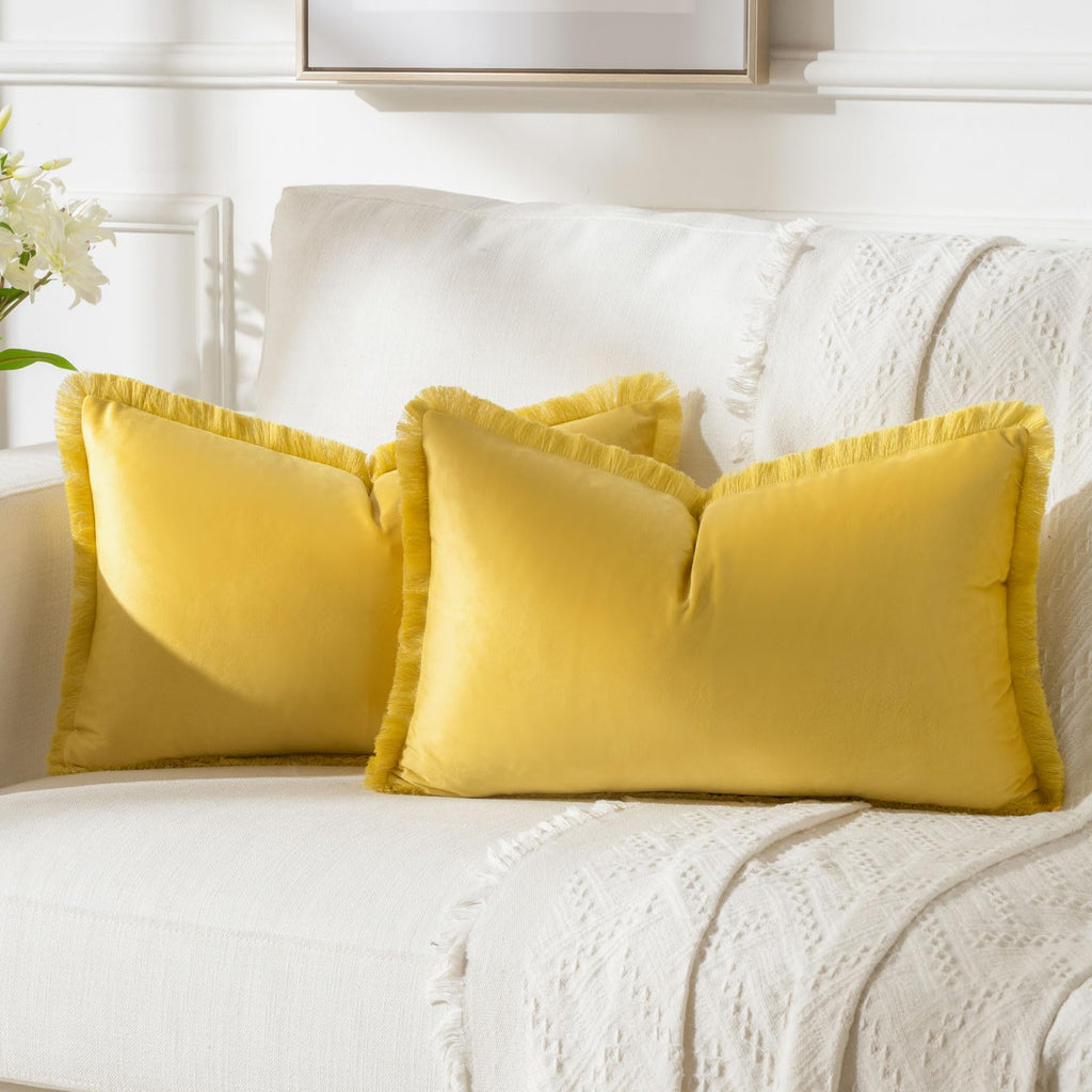 FUTEI Lemon Yellow Boho Throw Pillow Covers with Tassels 12x20 Inch Set of 2,Soft Velvet Lumbar Pillow Cases,Home Decor for Couc