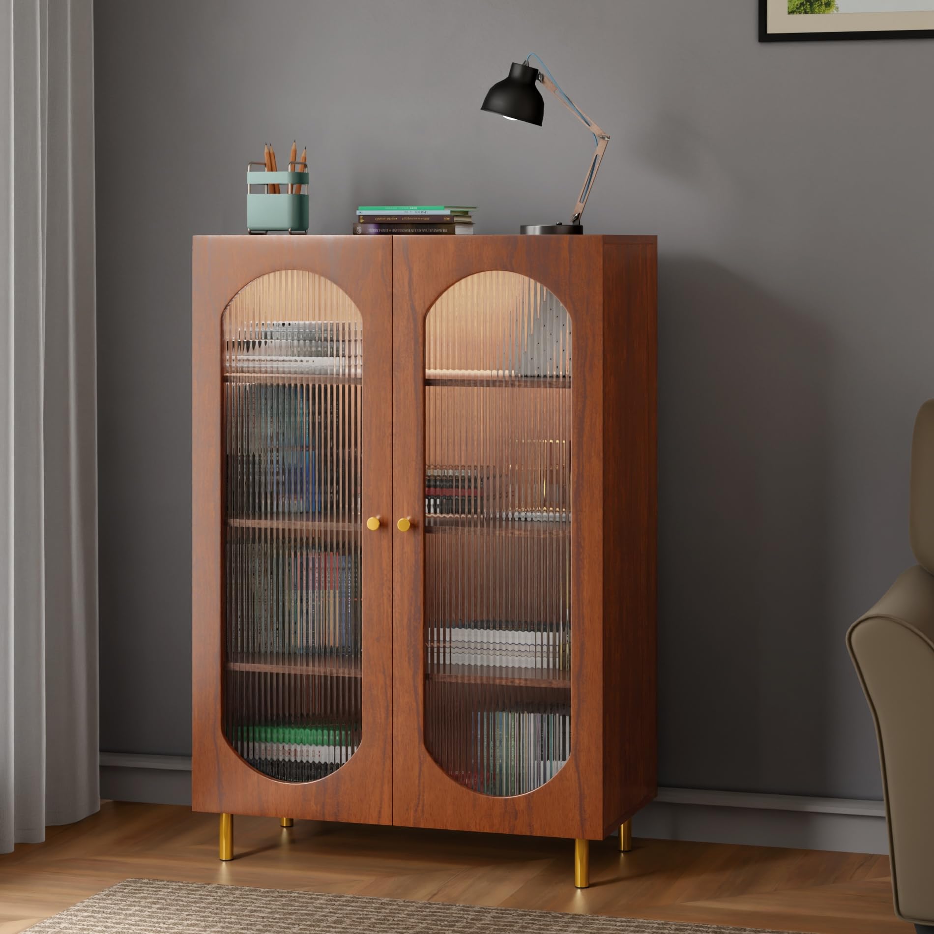 Rocco Stellar Bookshelf with Auto LED Lights & Acrylic Fluted Doors | Engineered Wood Bookcase | Adjustable Shelves, ScratchRes
