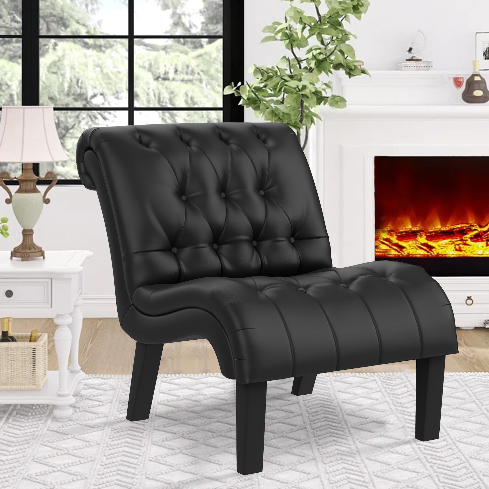 Yongqiang Black Faux Leather Accent Chair Modern Button Tufted Upholstered Armless Chair For Bedroom Living Room With Wood Legs